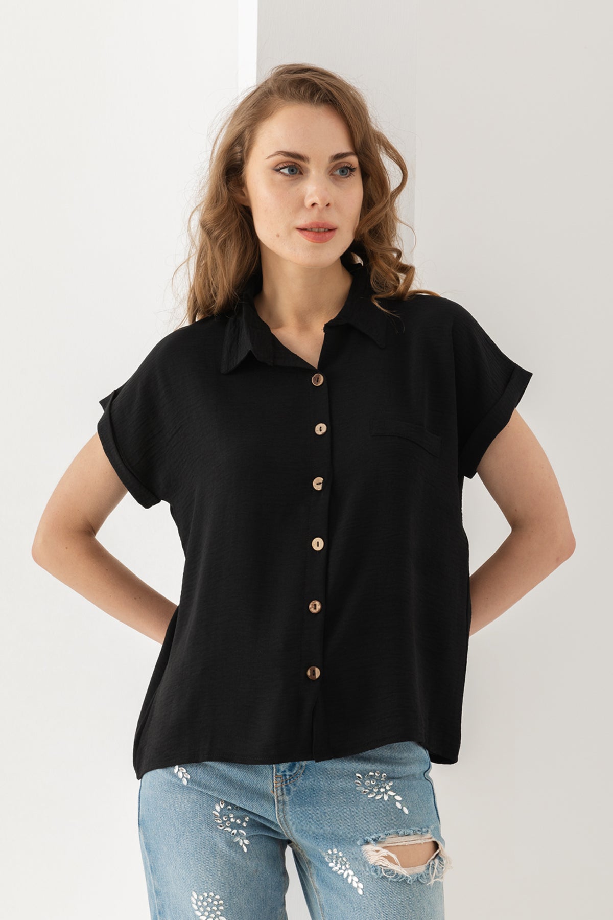 Kadın Siyah Duble Kol Aerobin Kısa Kollu Gömlek