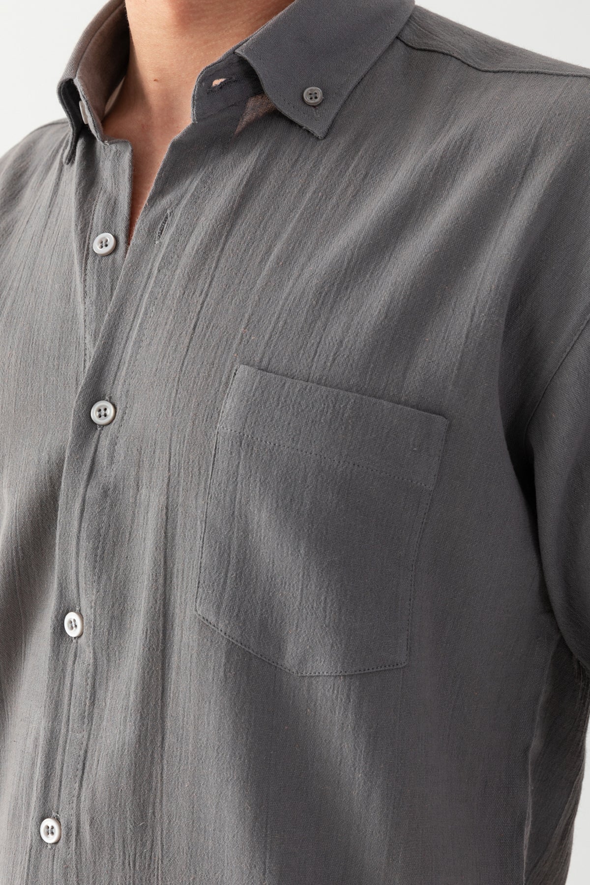 Erkek Füme %100 Pamuk Dokuma Kısa Kollu Rahat Kesim Cep Detaylı Şile Kumaş Gömlek