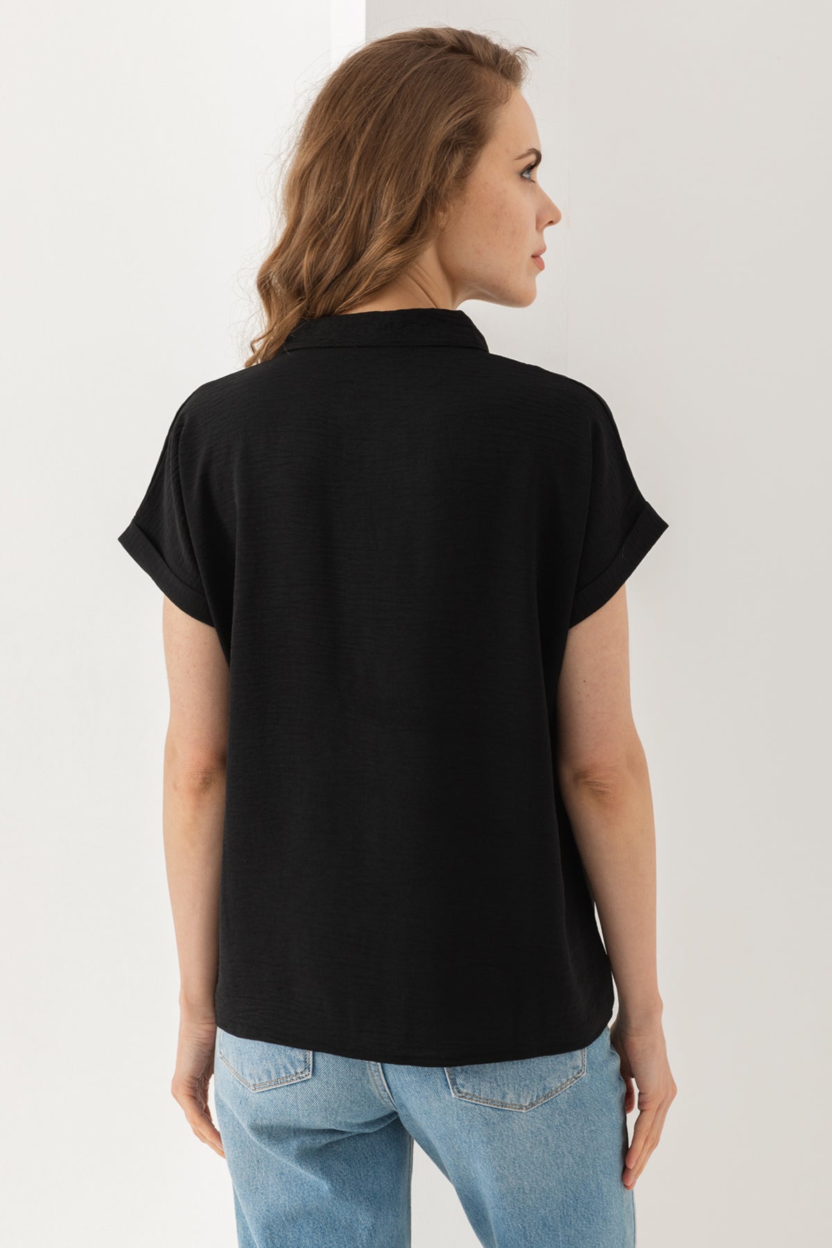 Kadın Siyah Duble Kol Aerobin Kısa Kollu Gömlek