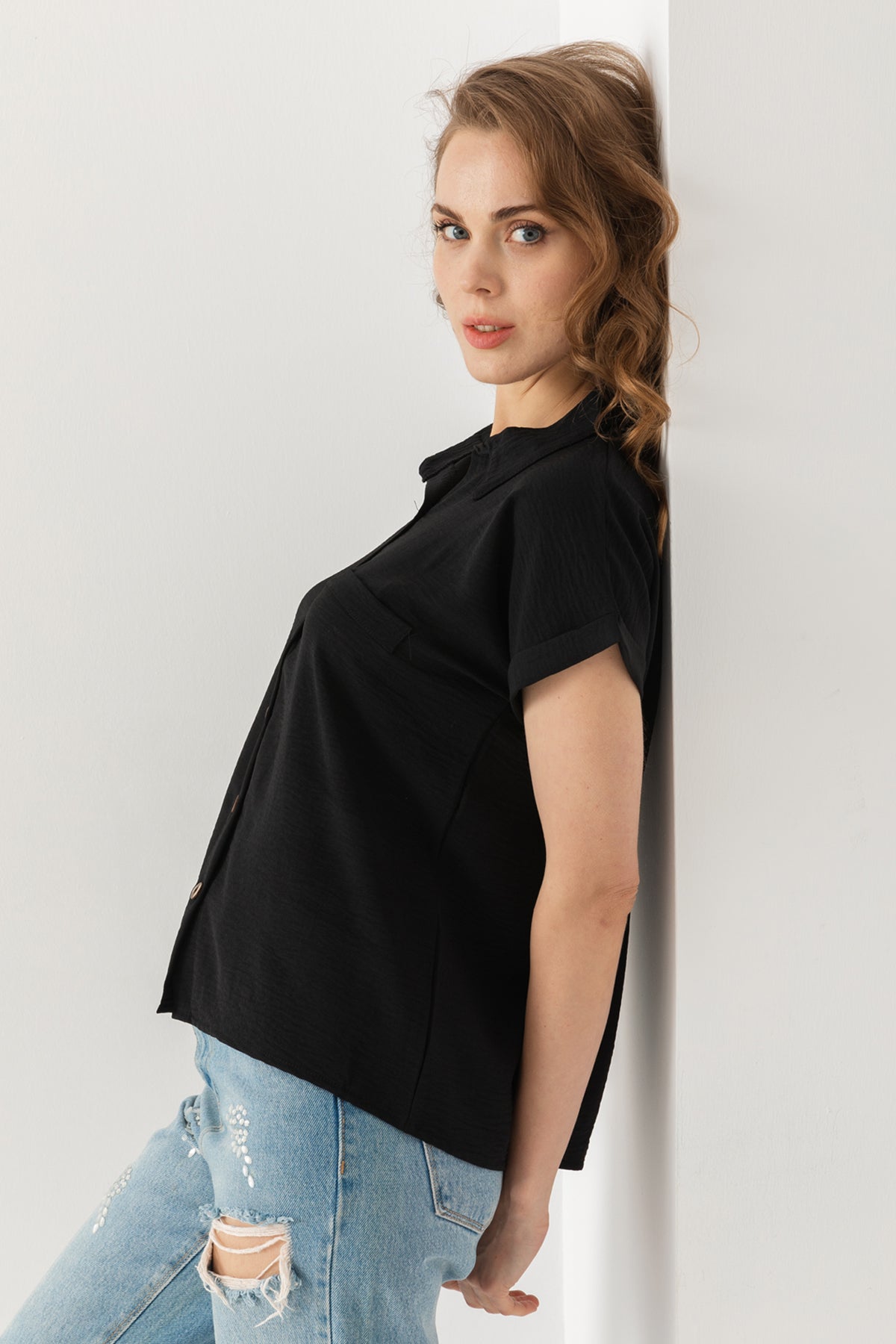 Kadın Siyah Duble Kol Aerobin Kısa Kollu Gömlek