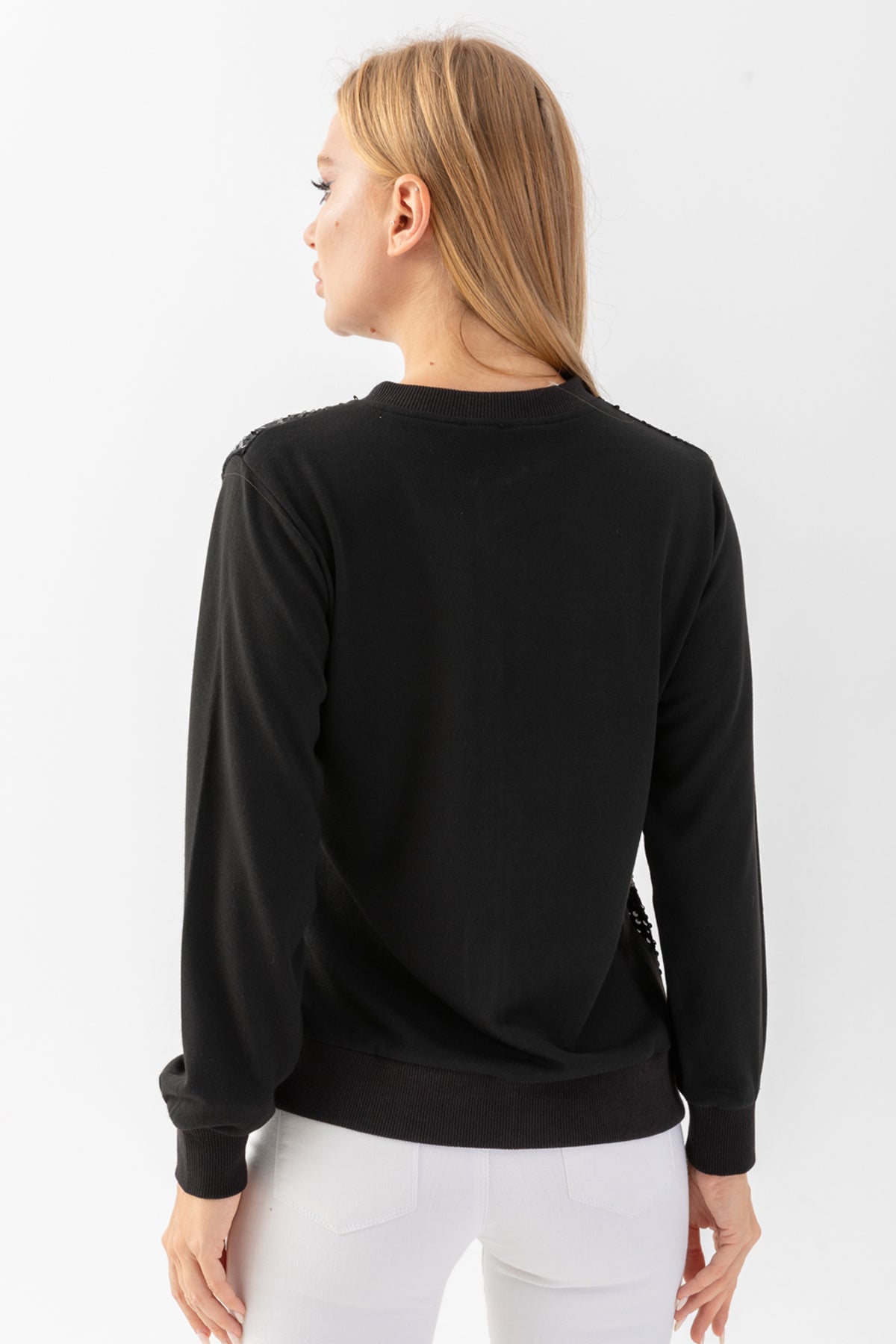 Kadın Siyah Önü Payetli Fermuarlı Triko Ceket