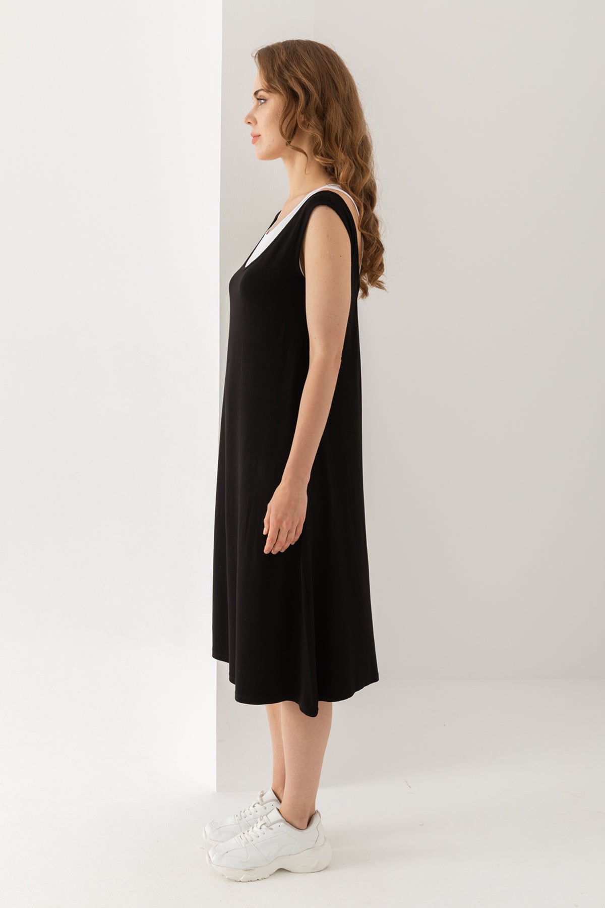 Kadın Siyah Atlet Detalyı Arka Dekolte Viskon Penye Elbise