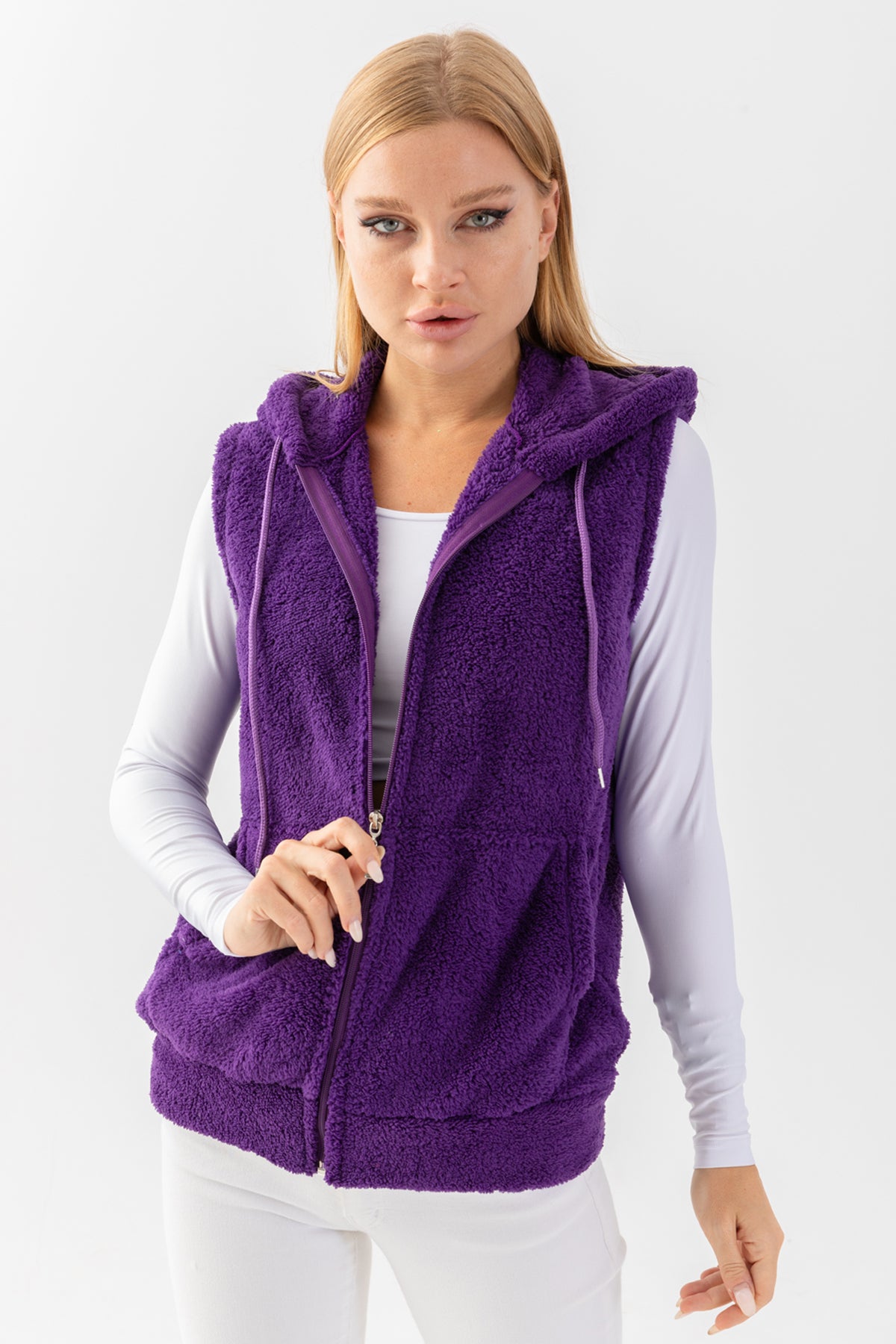 Kadın Mor Kapşonlu Kolsuz Peluş Yelek