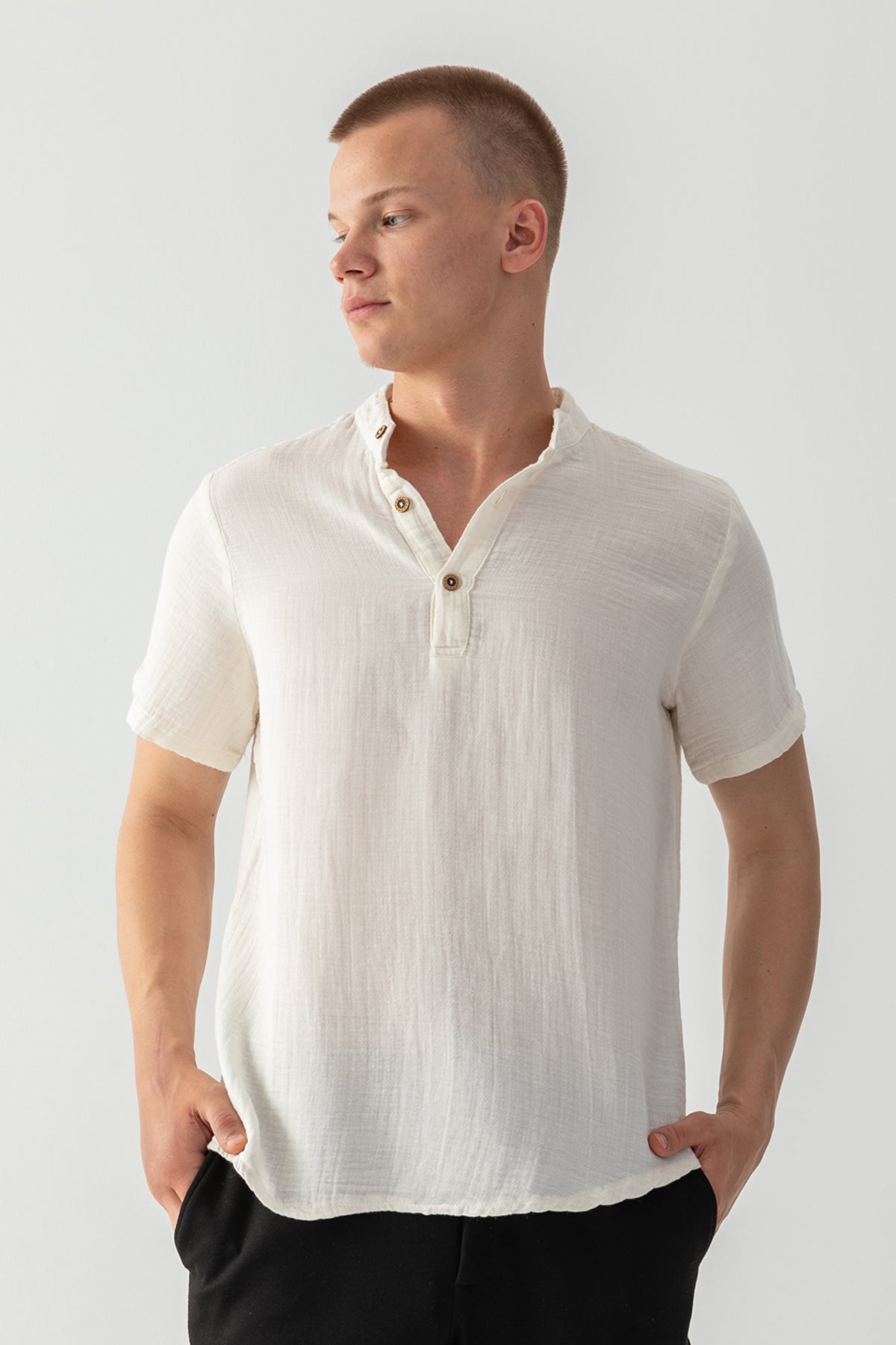 Erkek Taş %100 Pamuk Hakim Yaka Kısa Kollu Regular Fit Müslin Tişort