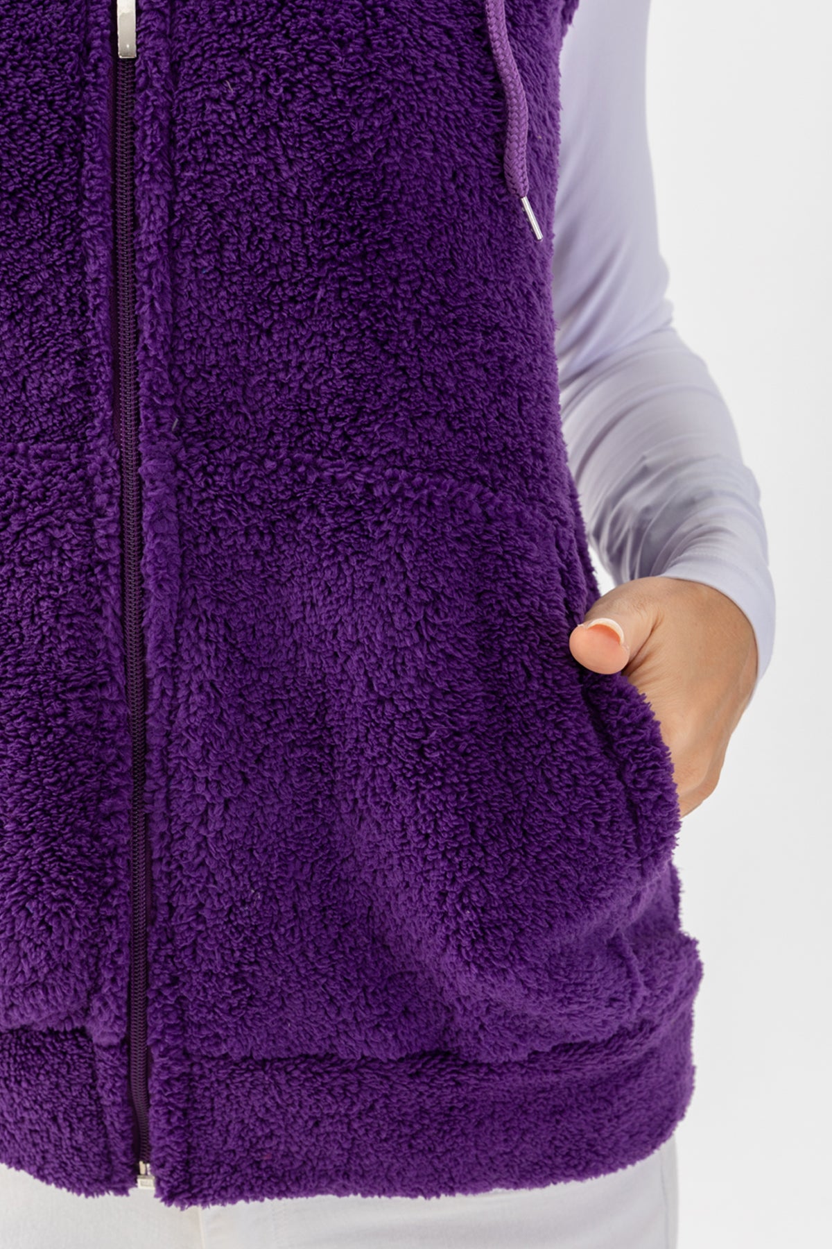 Kadın Mor Kapşonlu Kolsuz Peluş Yelek