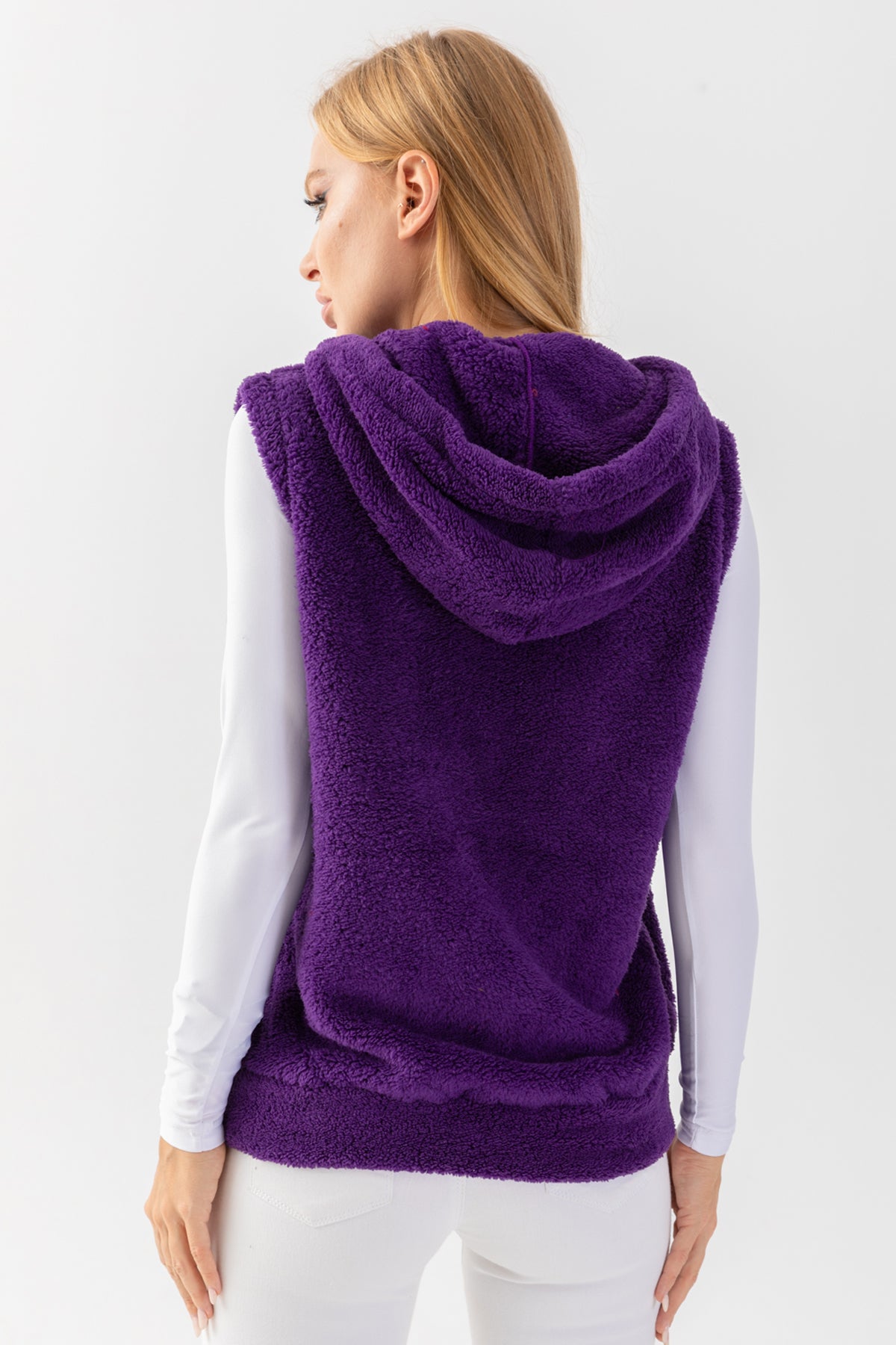 Kadın Mor Kapşonlu Kolsuz Peluş Yelek