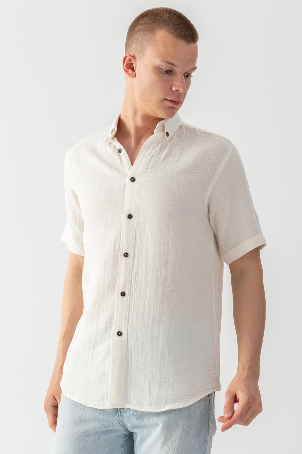 Erkek Taş %100 Pamuk Kısa Kollu Regular Fit Bürümcük Müslin Gömlek