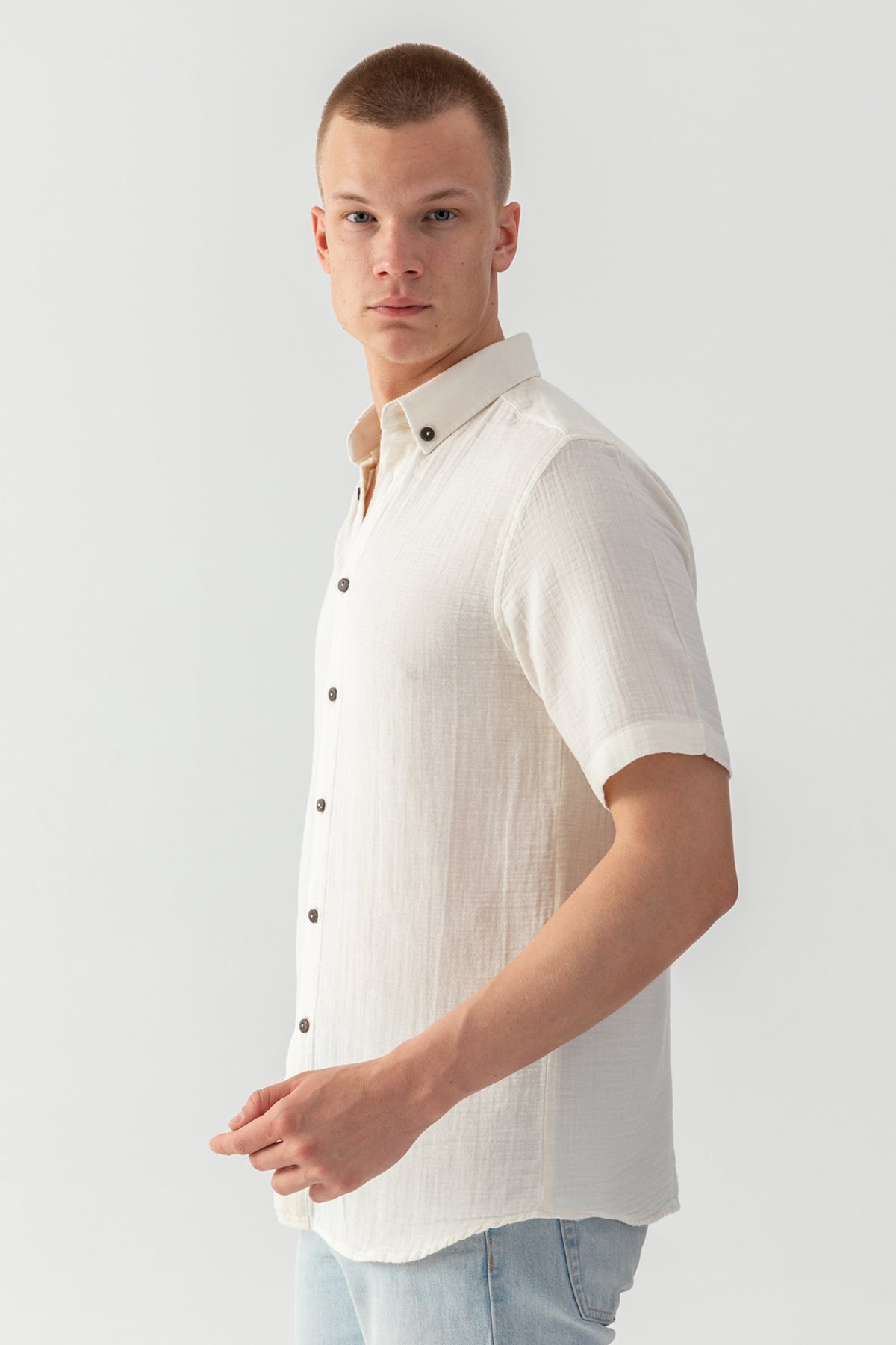 Erkek Taş %100 Pamuk Kısa Kollu Regular Fit Bürümcük Müslin Gömlek