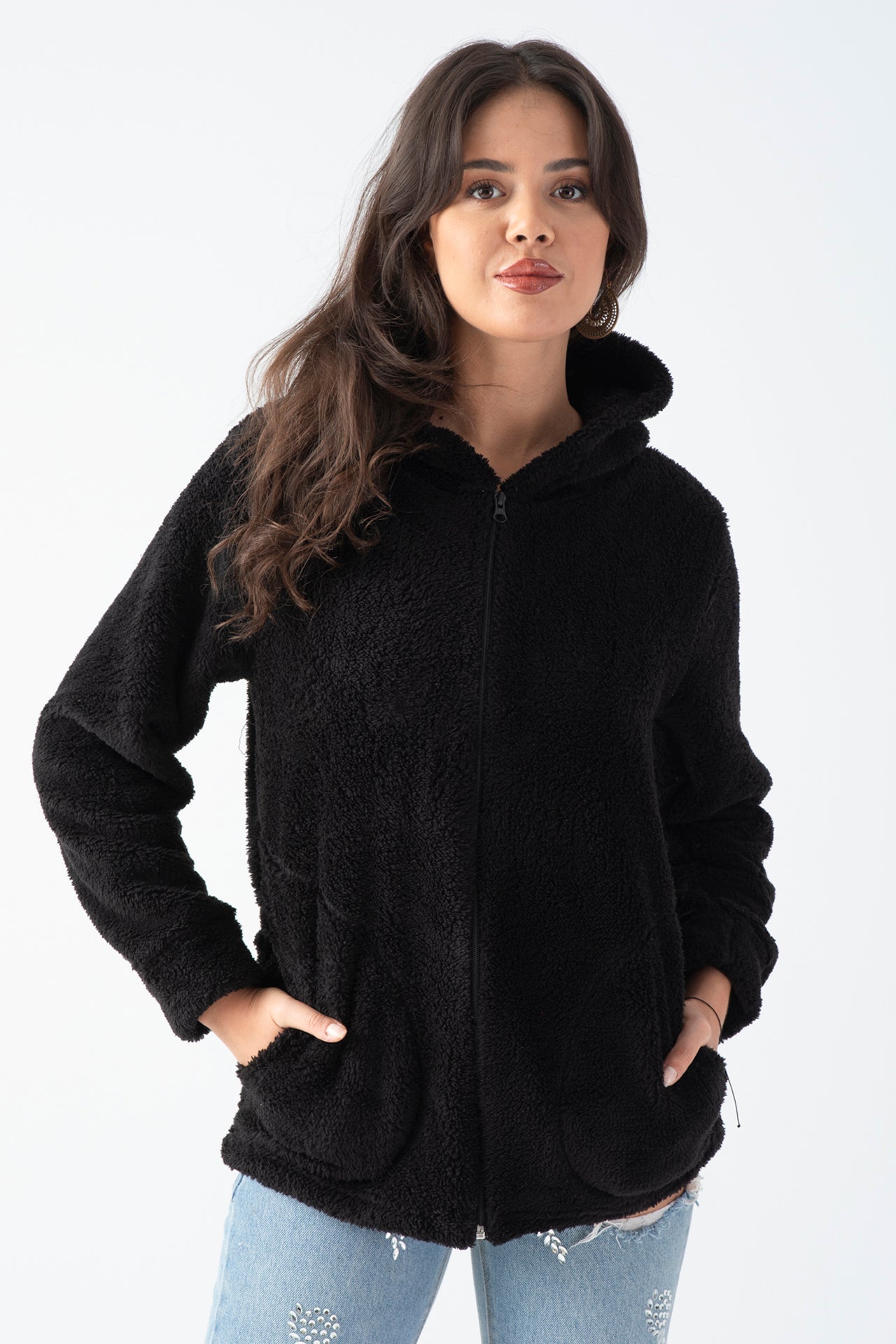 Kadın Siyah Kapüşonlu Peluş Ceket