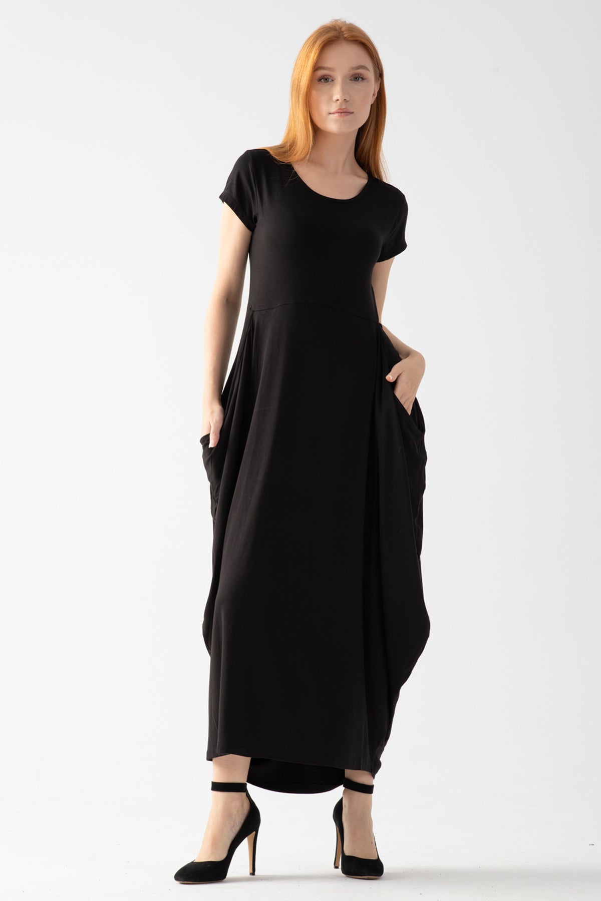 Kadın Siyah Bebe Kol Viskon Penye Şalvar Elbise