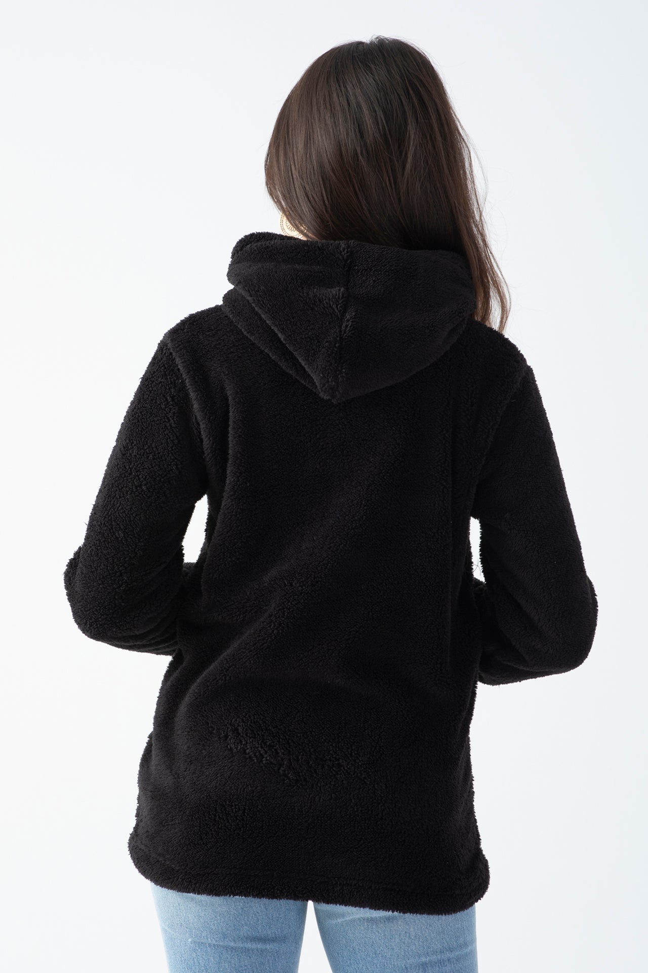 Kadın Siyah Kapüşonlu Peluş Ceket