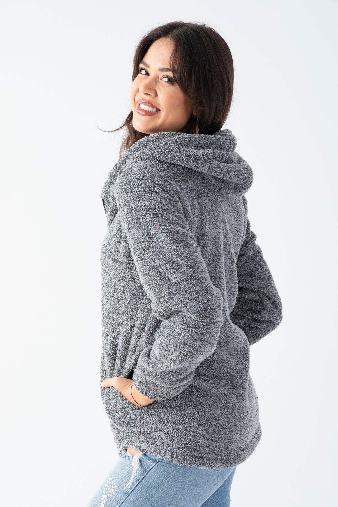 Kadın Kırçıllı Gri Kapüşonlu Peluş Ceket