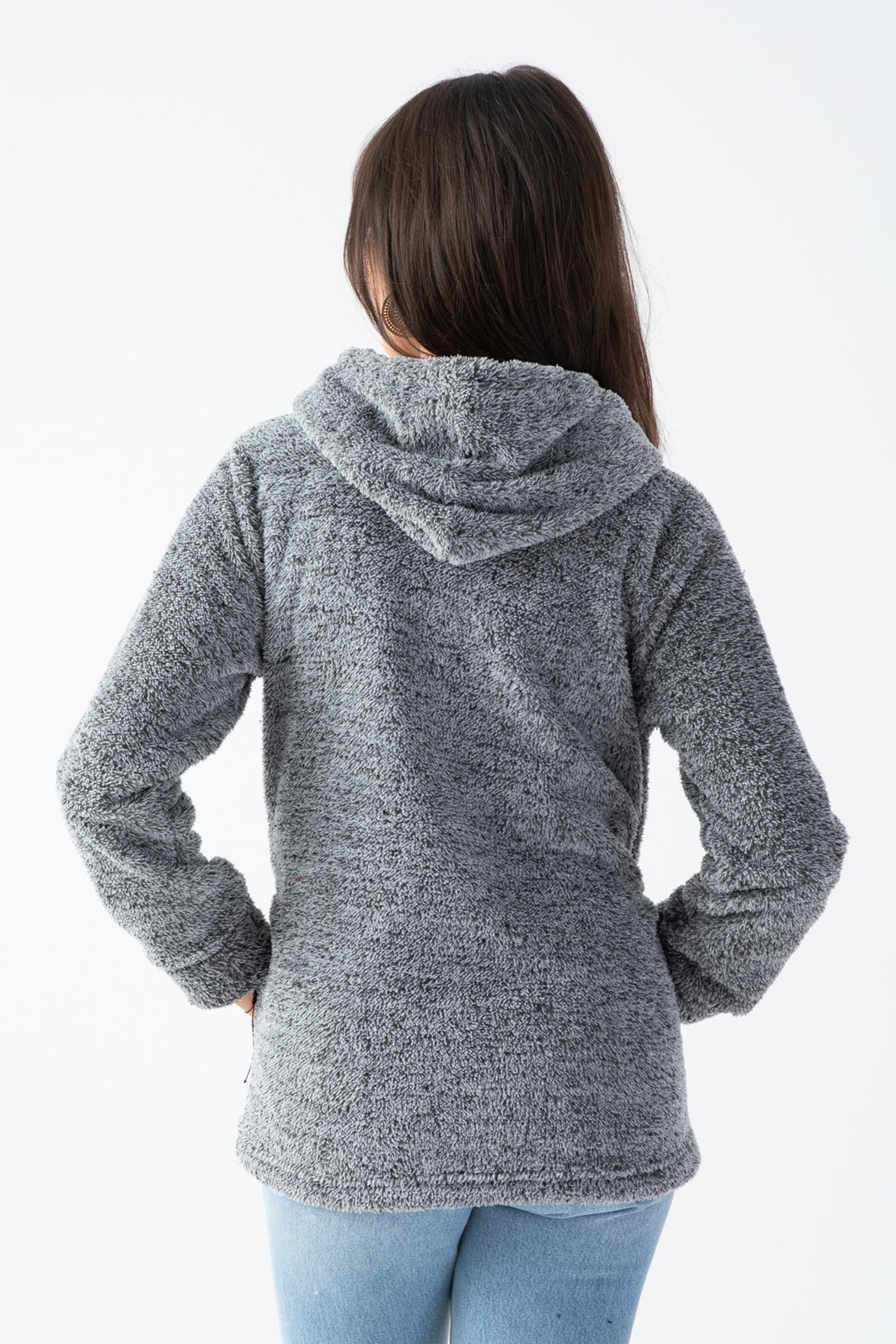 Kadın Kırçıllı Gri Kapüşonlu Peluş Ceket