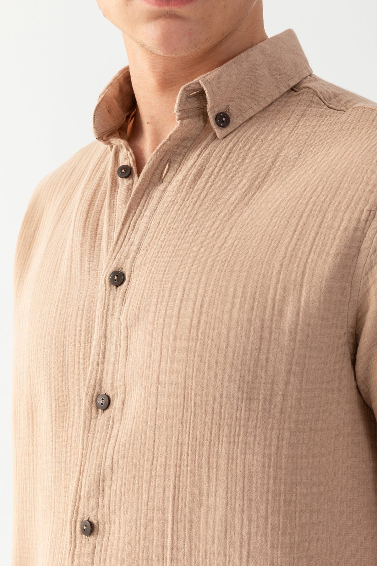 Erkek Bej %100 Pamuk Kısa Kollu Regular Fit Bürümcük Müslin Gömlek