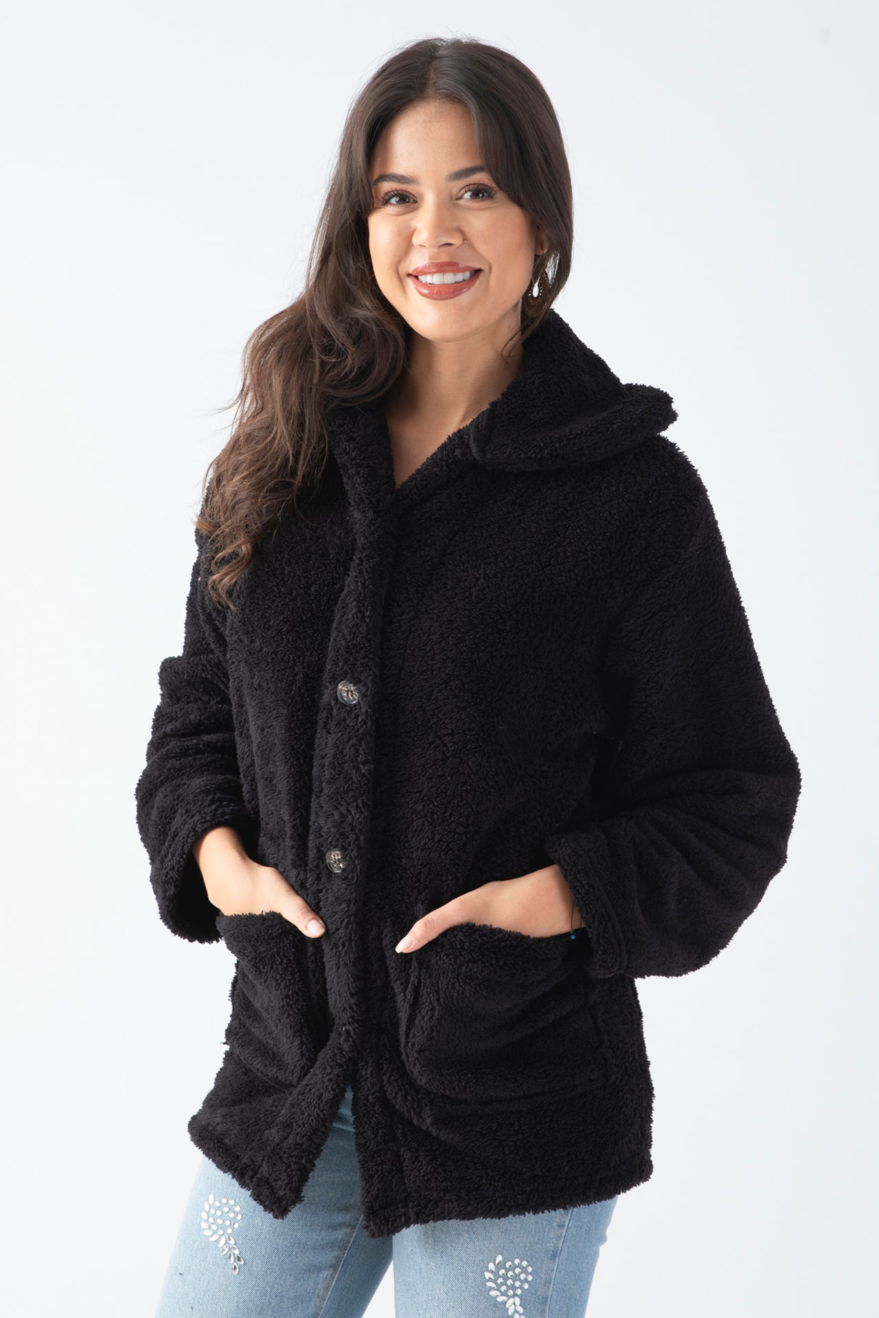 Kadın Siyah Dik Yaka Düğmeli Peluş Hırka