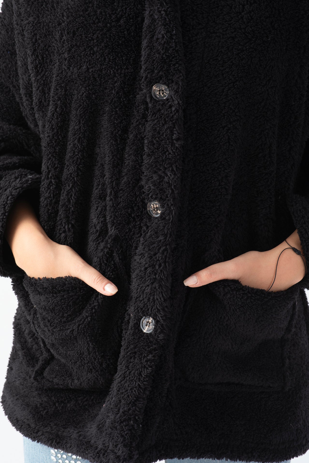 Kadın Siyah Dik Yaka Düğmeli Peluş Hırka