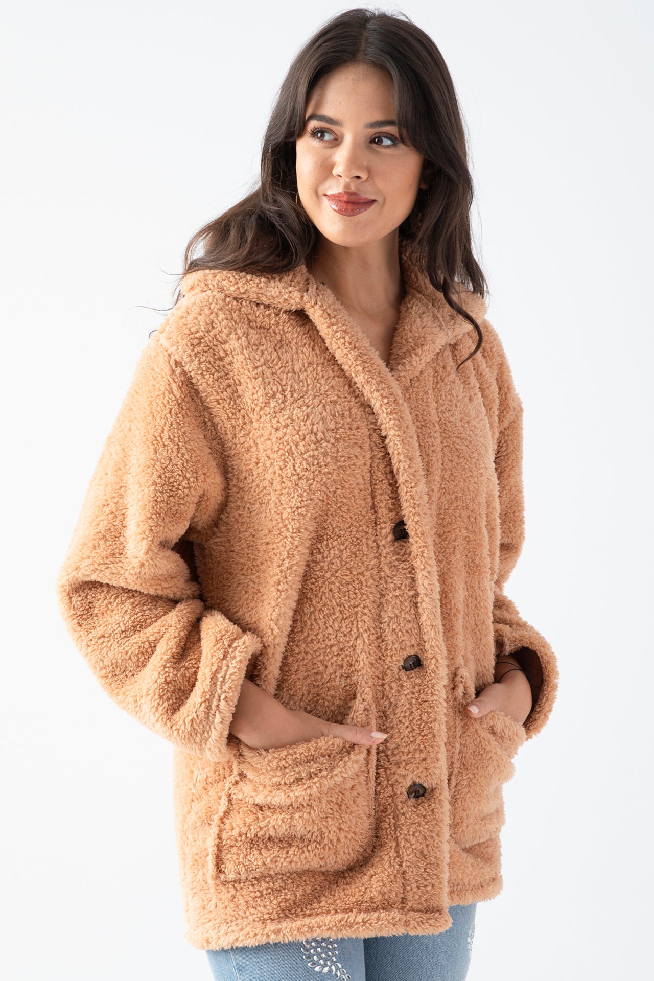 Kadın Camel Dik Yaka Düğmeli Peluş Hırka