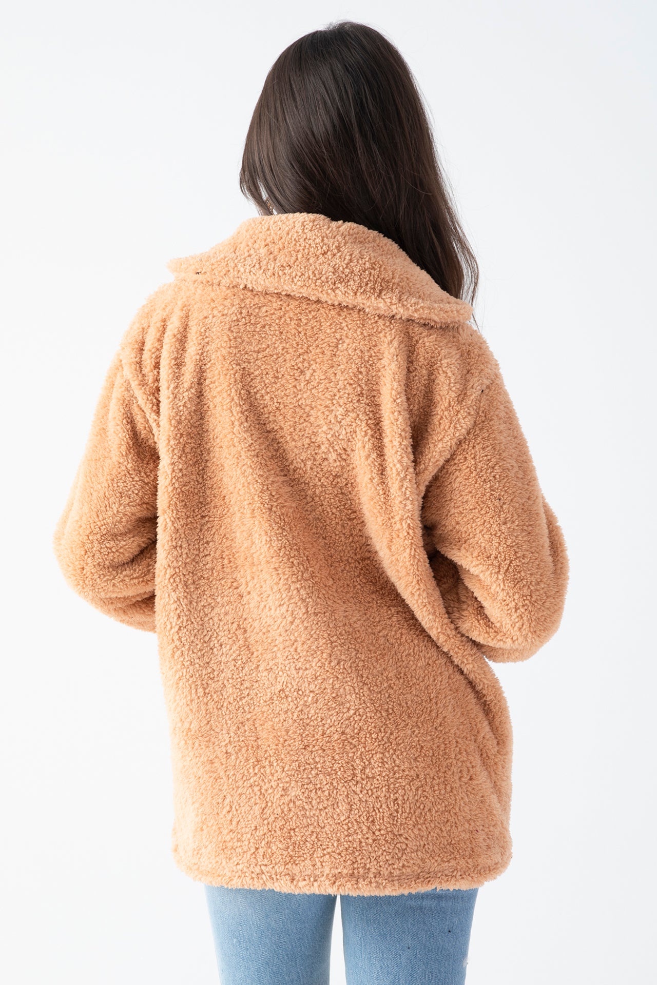 Kadın Camel Dik Yaka Düğmeli Peluş Hırka