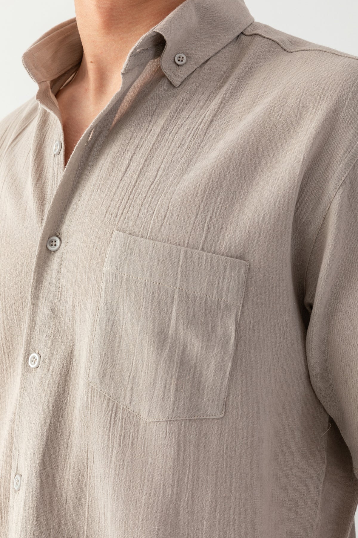 Erkek Gri %100 Pamuk Dokuma Kısa Kollu Rahat Kesim Cep Detaylı Şile Kumaş Gömlek