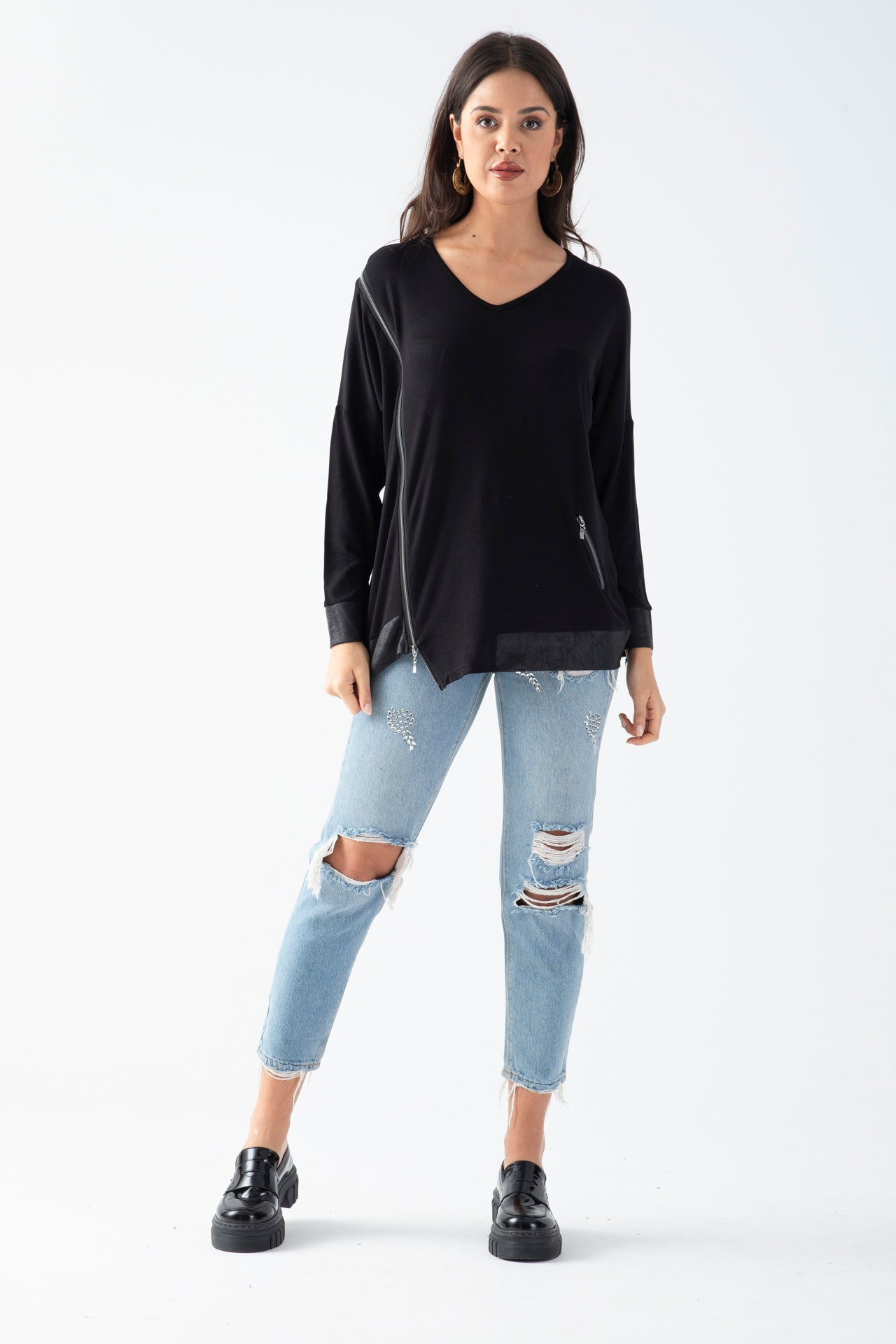 Kadın Siyah Yanı Fermuarlı Suni Deri Detaylı Bluz