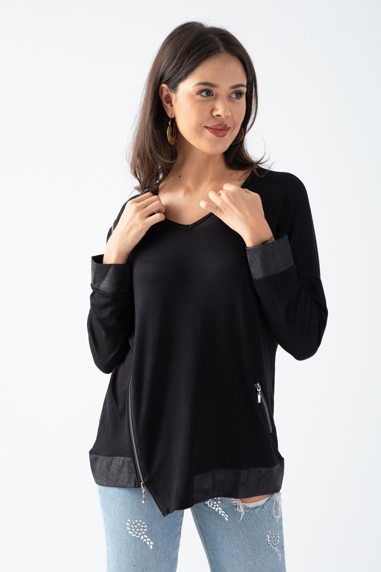 Kadın Siyah Yanı Fermuarlı Suni Deri Detaylı Bluz