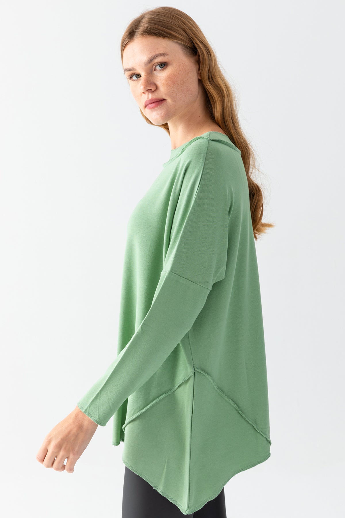 Kadın Su Yeşili Eteği Asimetrik Salaş Kesim Basic Tunik
