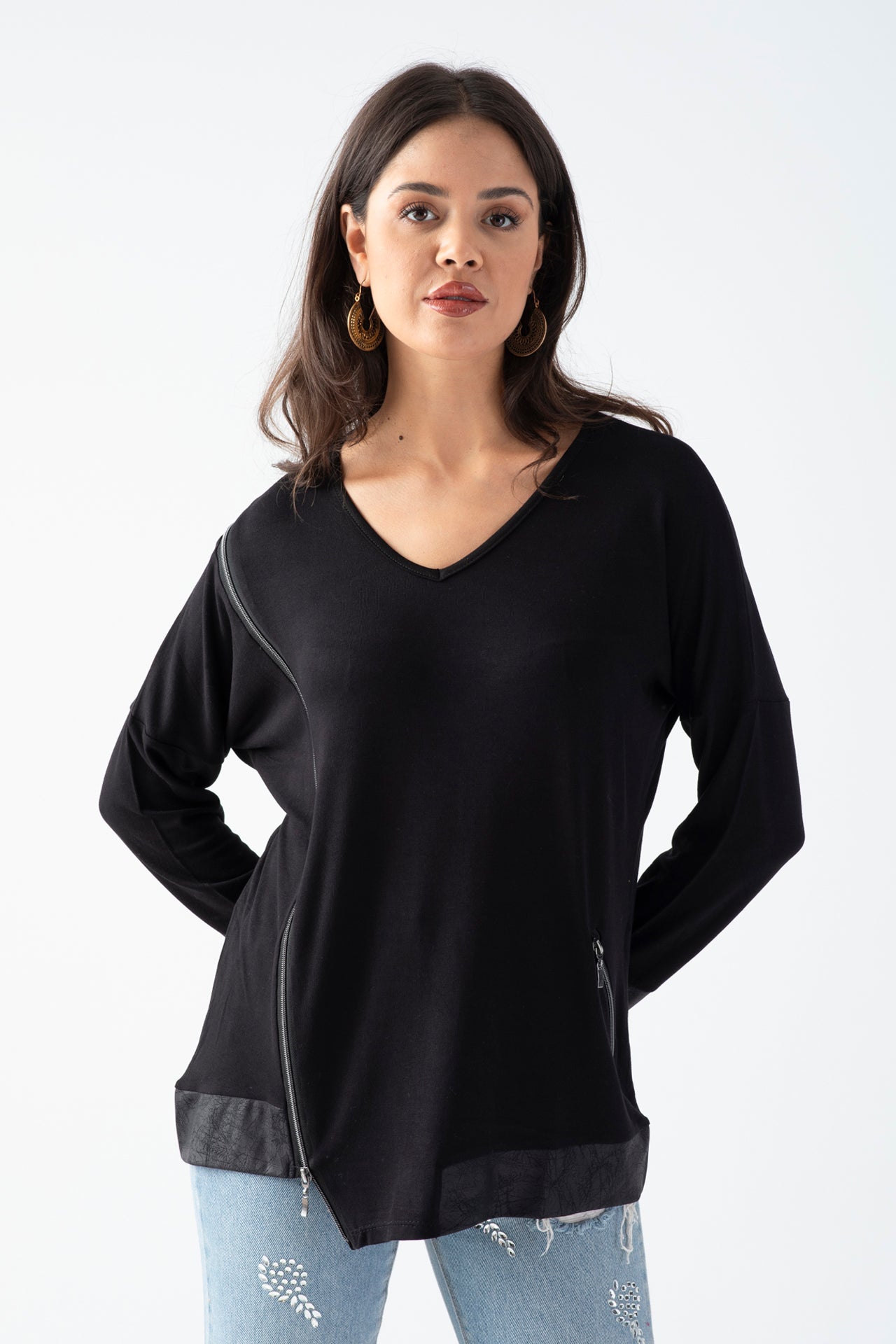 Kadın Siyah Yanı Fermuarlı Suni Deri Detaylı Bluz