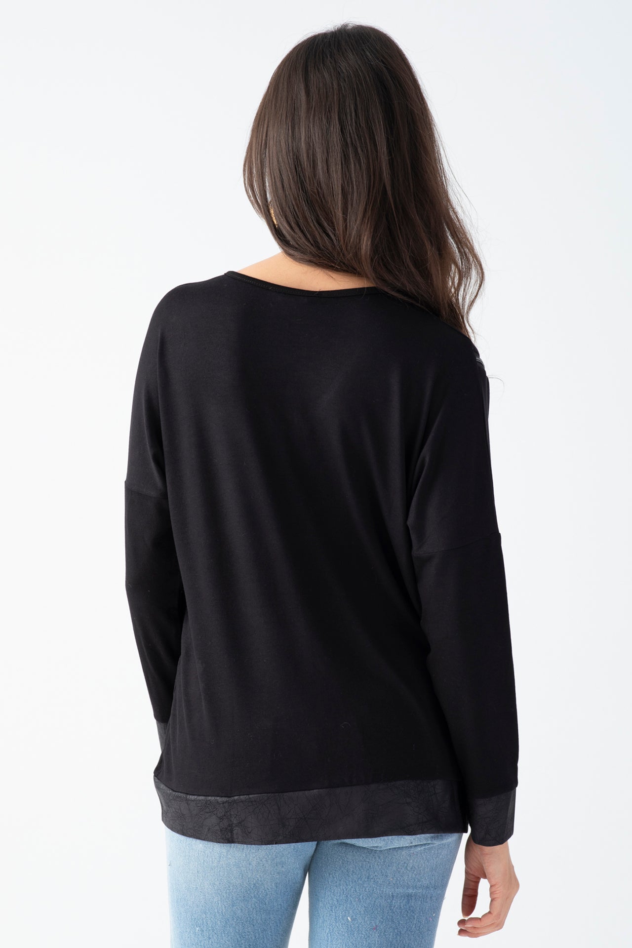 Kadın Siyah Yanı Fermuarlı Suni Deri Detaylı Bluz