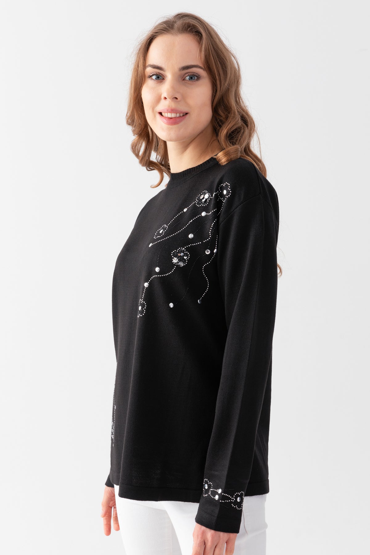 Kadın Siyah Taş Pul İşlemeli Triko Bluz