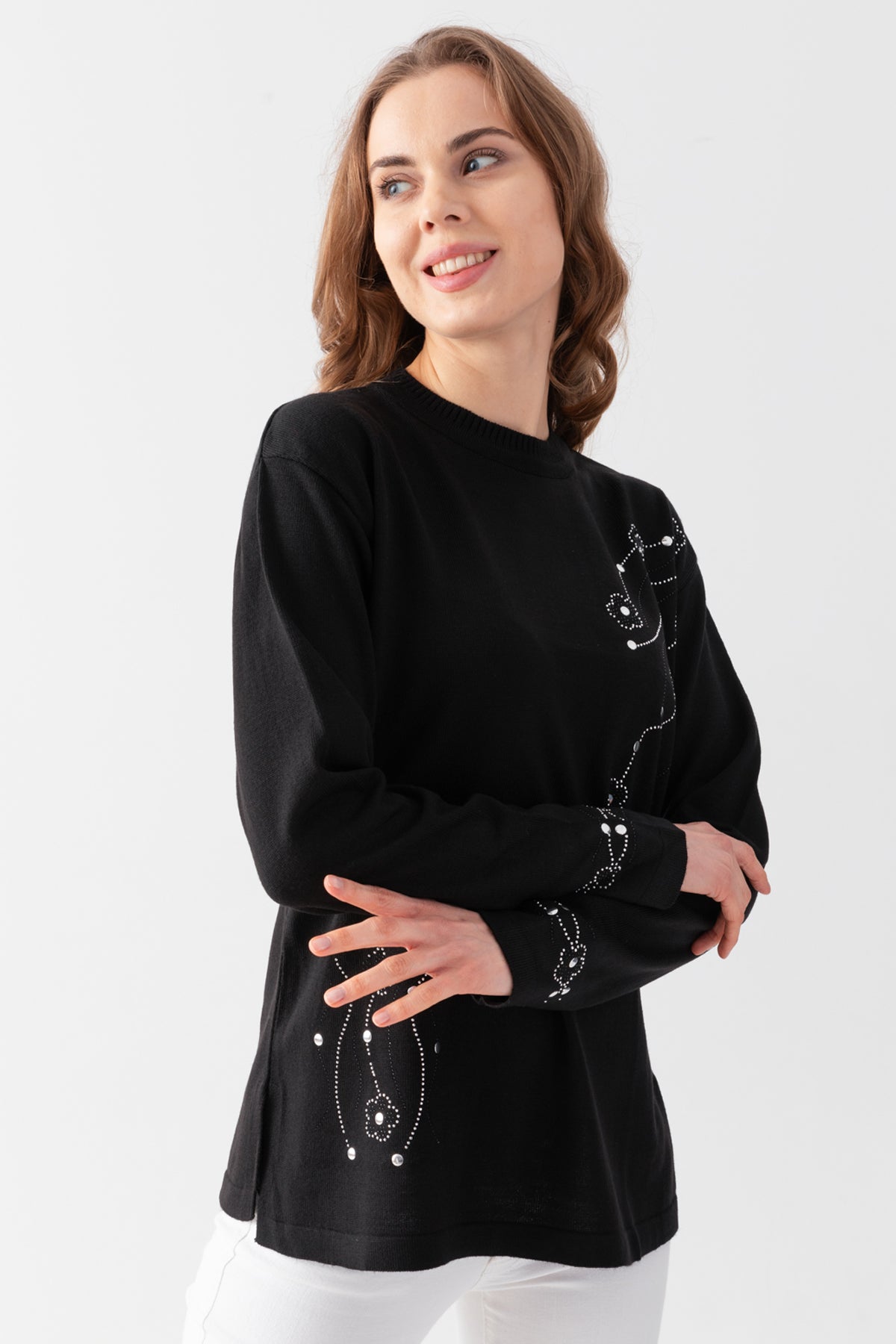 Kadın Siyah Taş Pul İşlemeli Triko Bluz