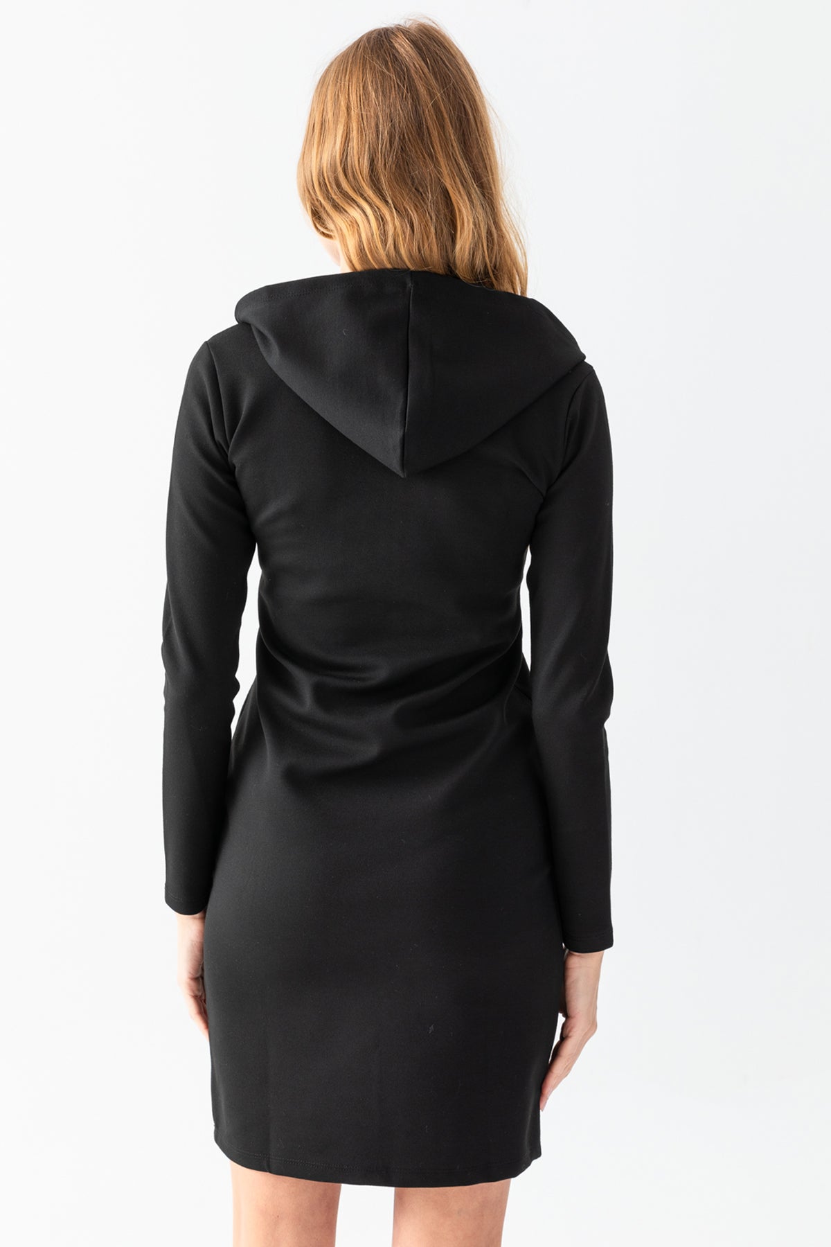 Kadın Siyah Yakası Fermuarlı Kapüşonlu Çelik Örme Elbise