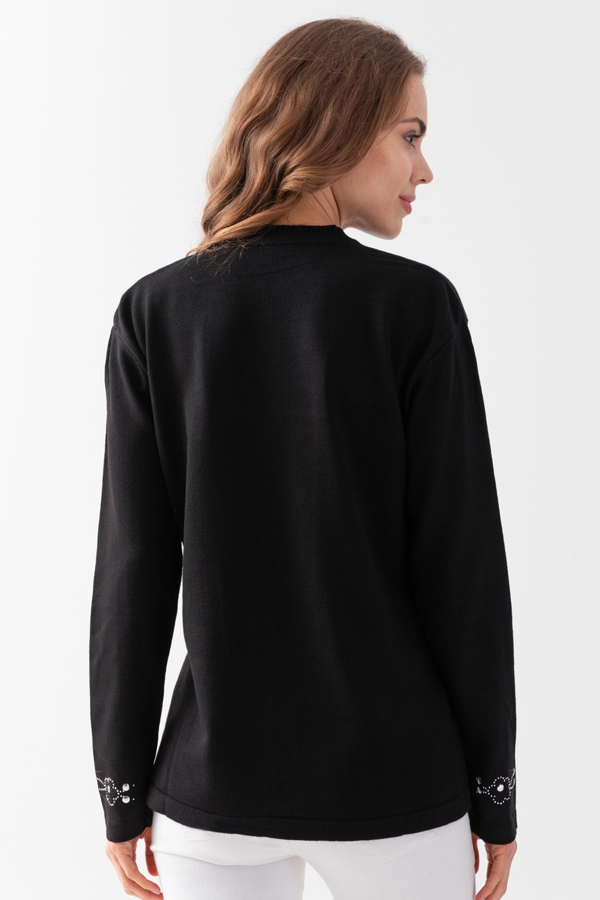 Kadın Siyah Taş Pul İşlemeli Triko Bluz