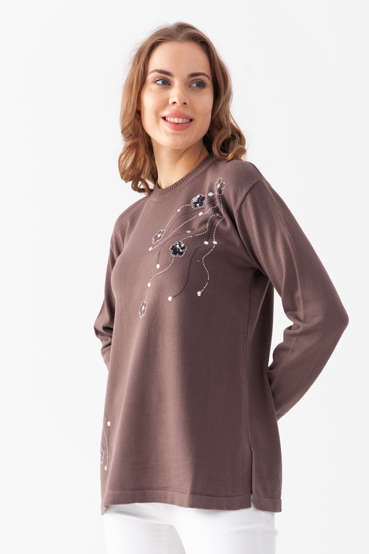 Kadın Vizon Taş Pul İşlemeli Triko Bluz