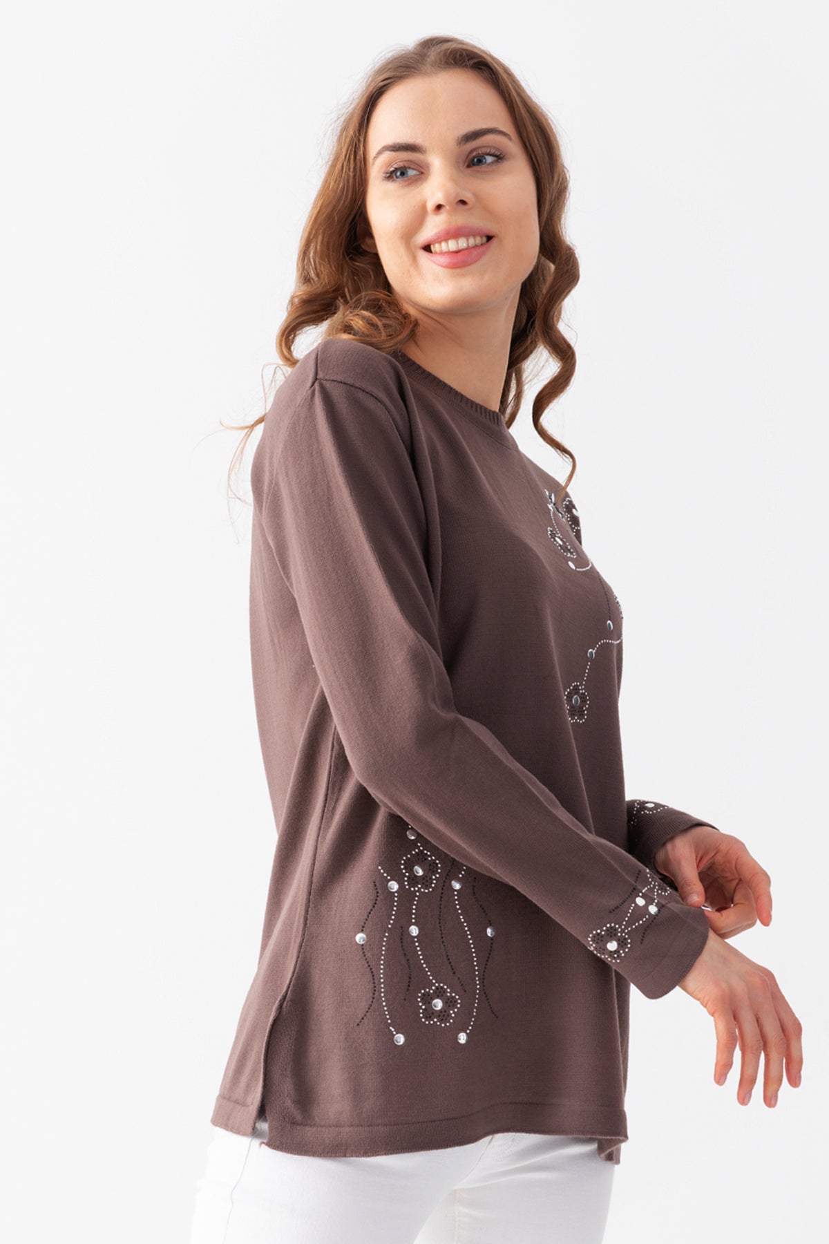 Kadın Vizon Taş Pul İşlemeli Triko Bluz
