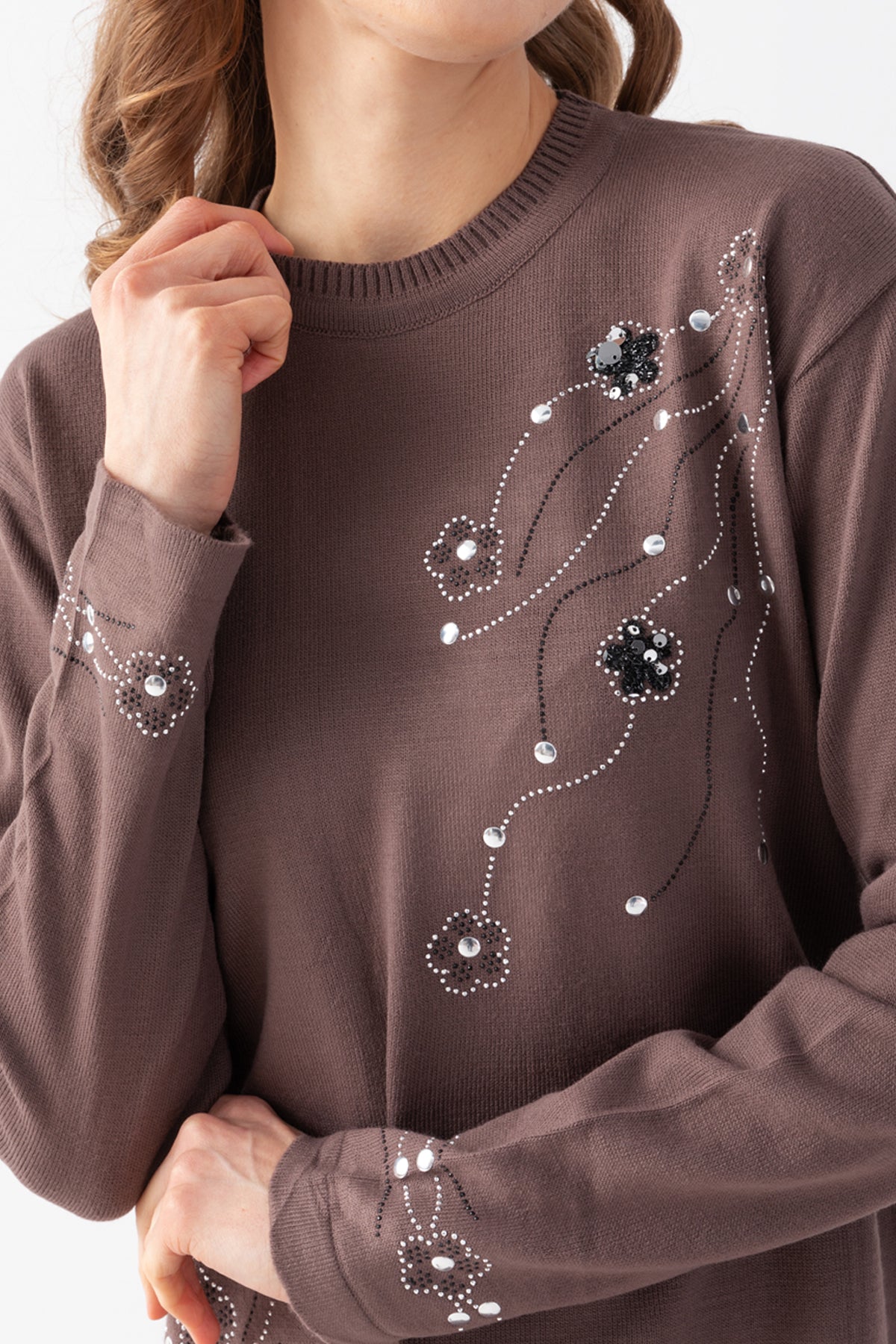 Kadın Vizon Taş Pul İşlemeli Triko Bluz