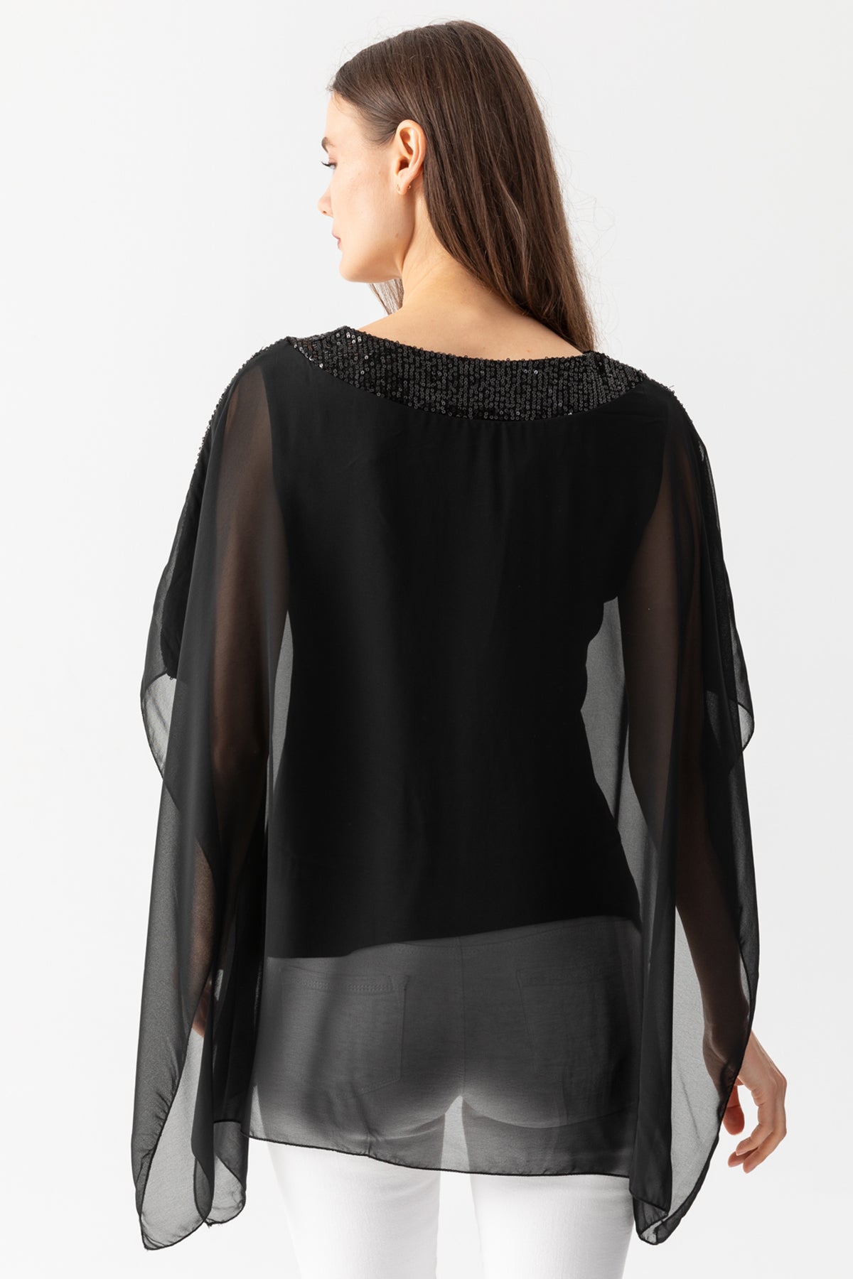 Kadın Siyah Pul Detaylı Viskon Penye Astarlı Şifon Pelerin Bluz