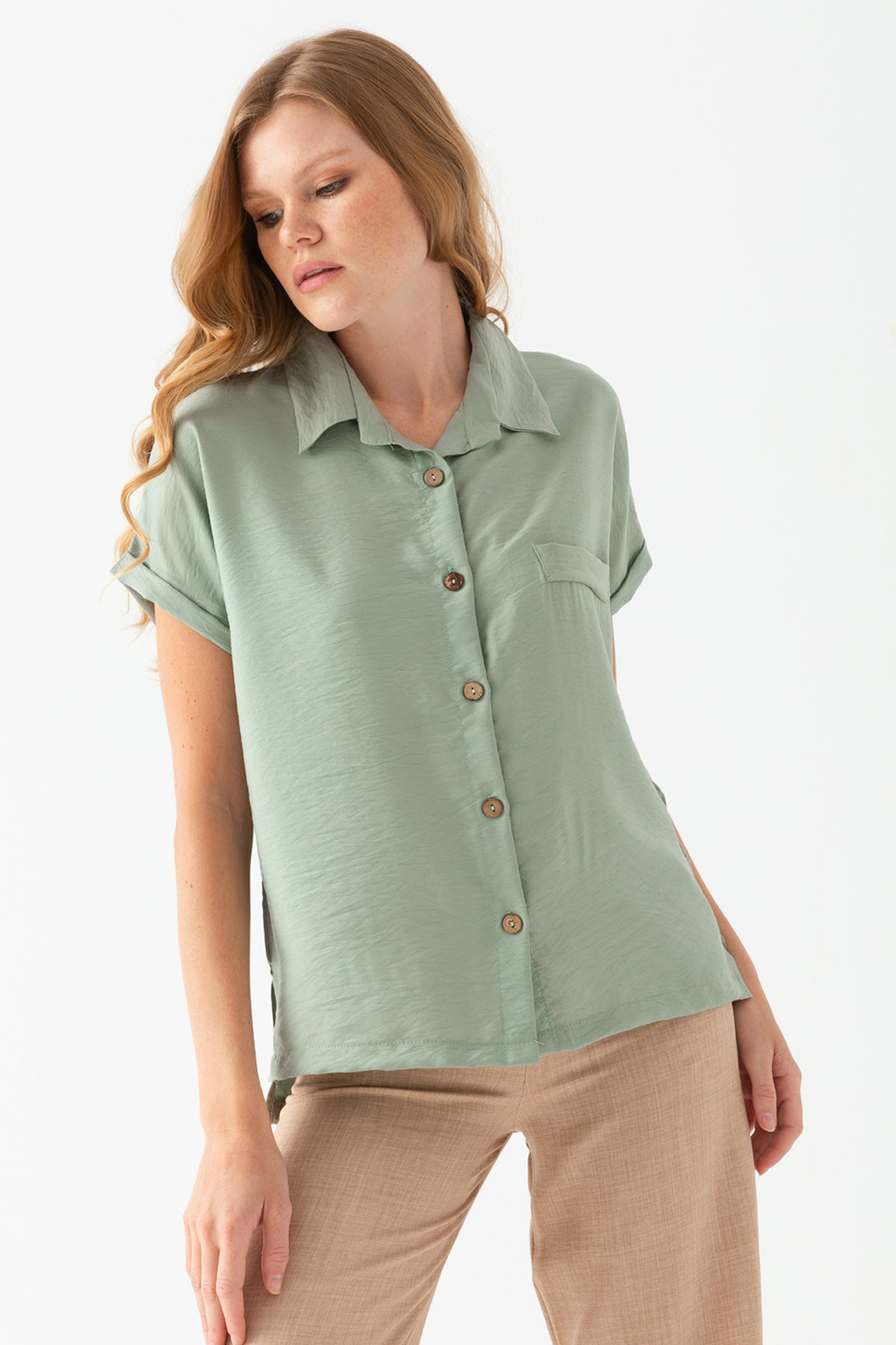 Kadın Su Yeşili Duble Kol  Aerobin Kısa Kollu Gömlek