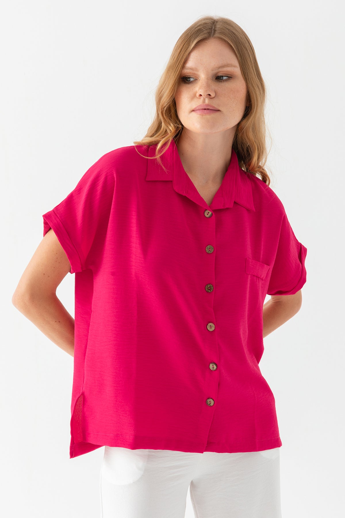Kadın Fuşya Duble Kol  Aerobin Kısa Kollu Gömlek