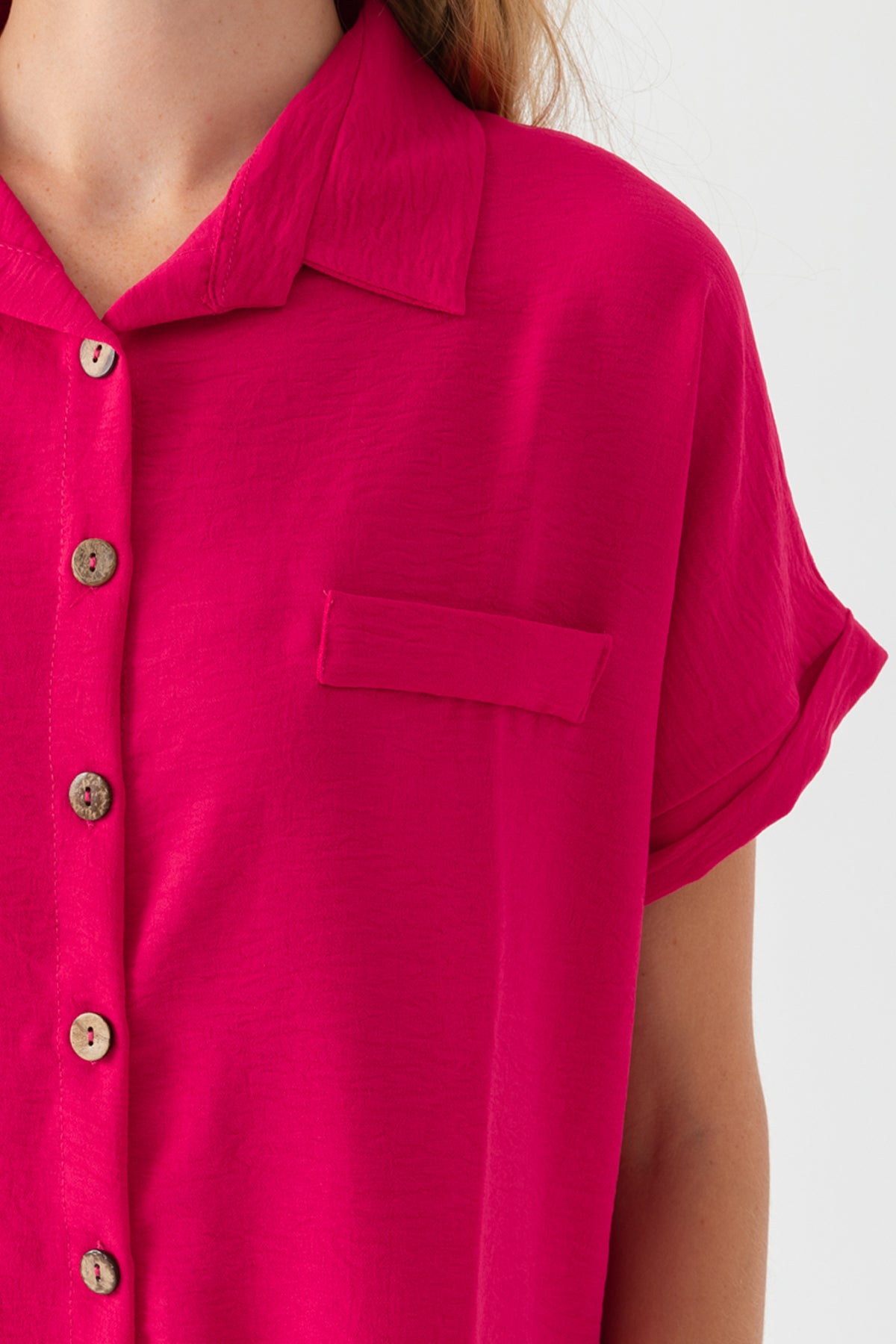 Kadın Fuşya Duble Kol  Aerobin Kısa Kollu Gömlek