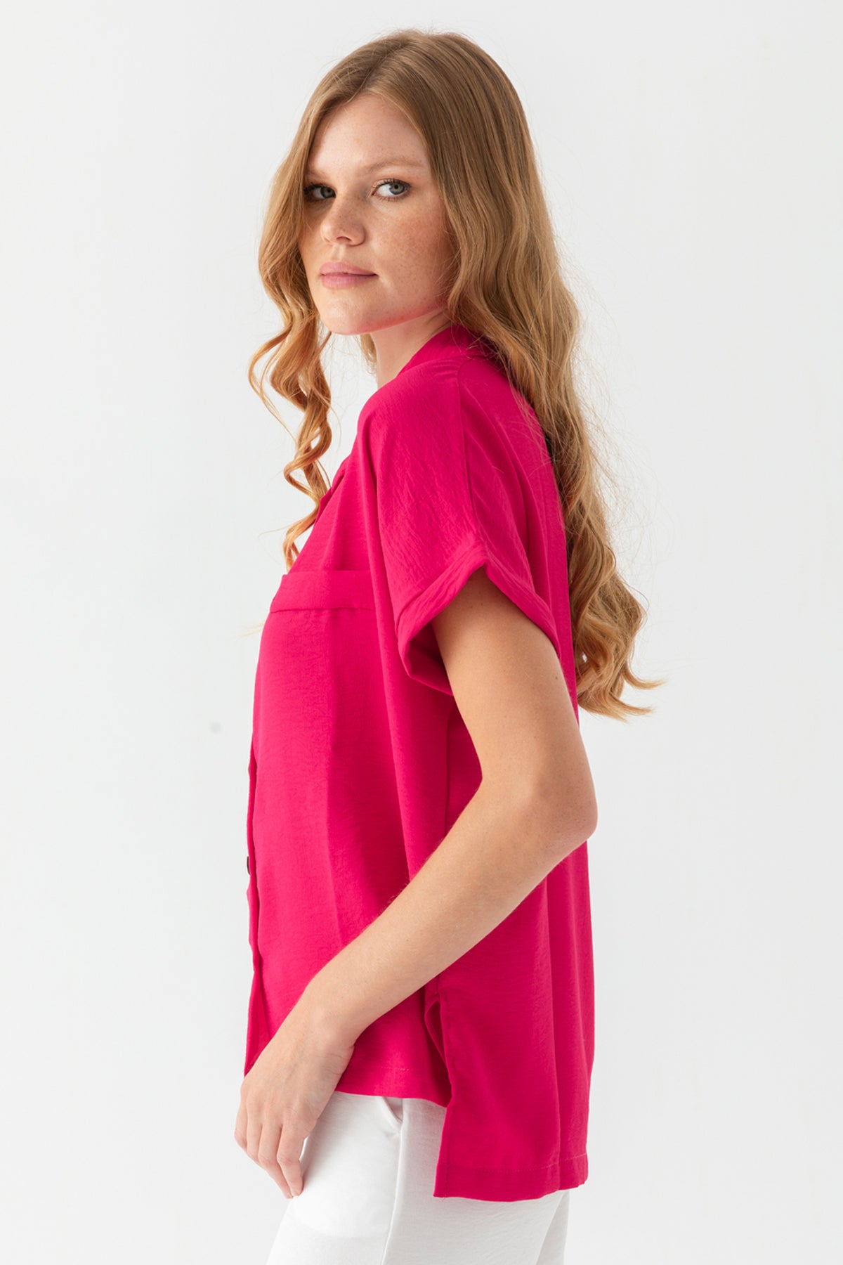 Kadın Fuşya Duble Kol  Aerobin Kısa Kollu Gömlek