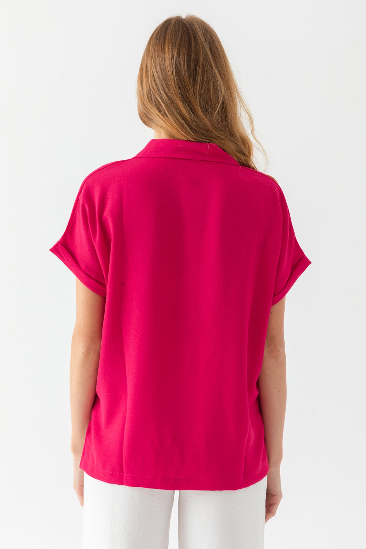 Kadın Fuşya Duble Kol  Aerobin Kısa Kollu Gömlek