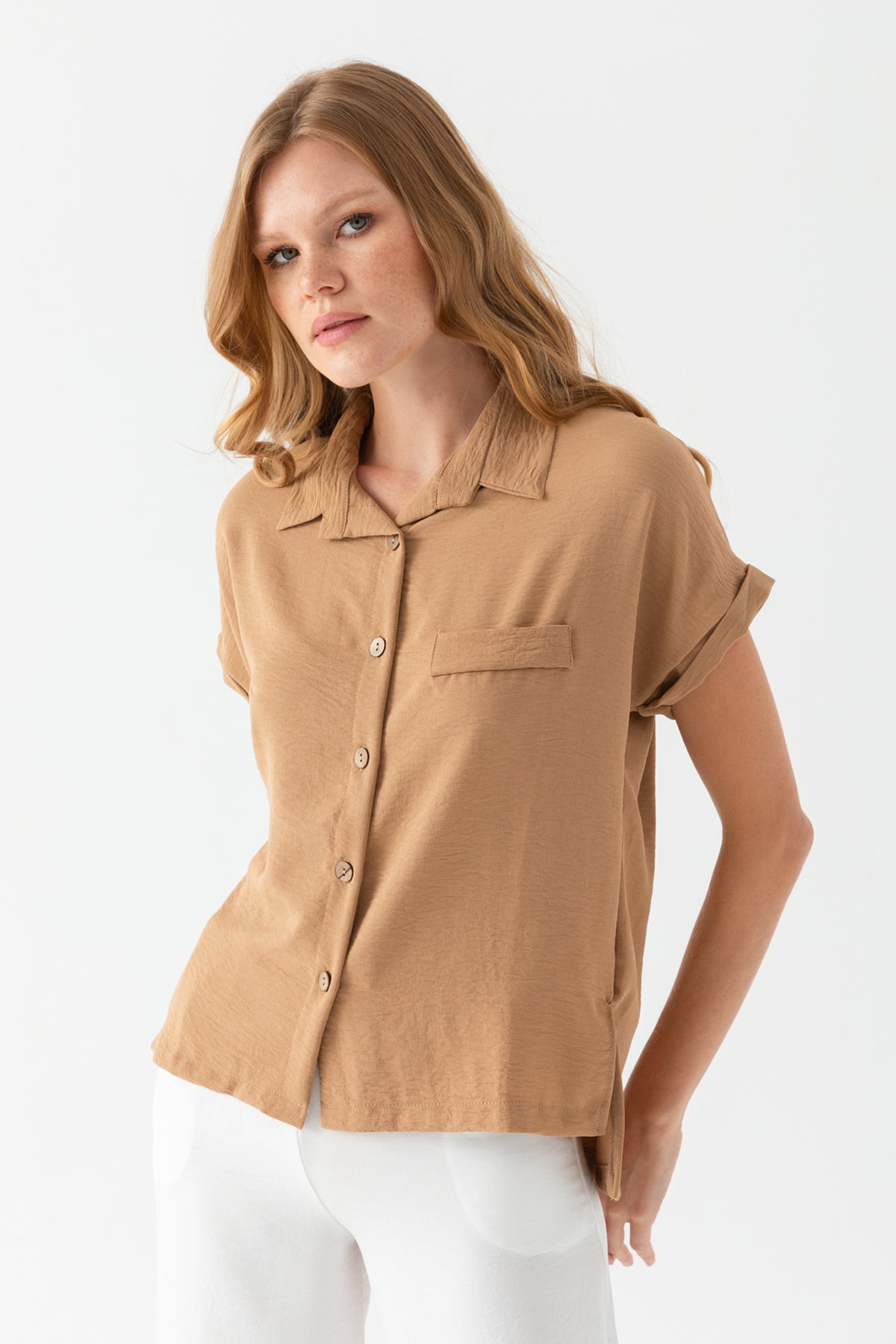 Kadın Açık Kahve Duble Kol  Aerobin Kısa Kollu Gömlek