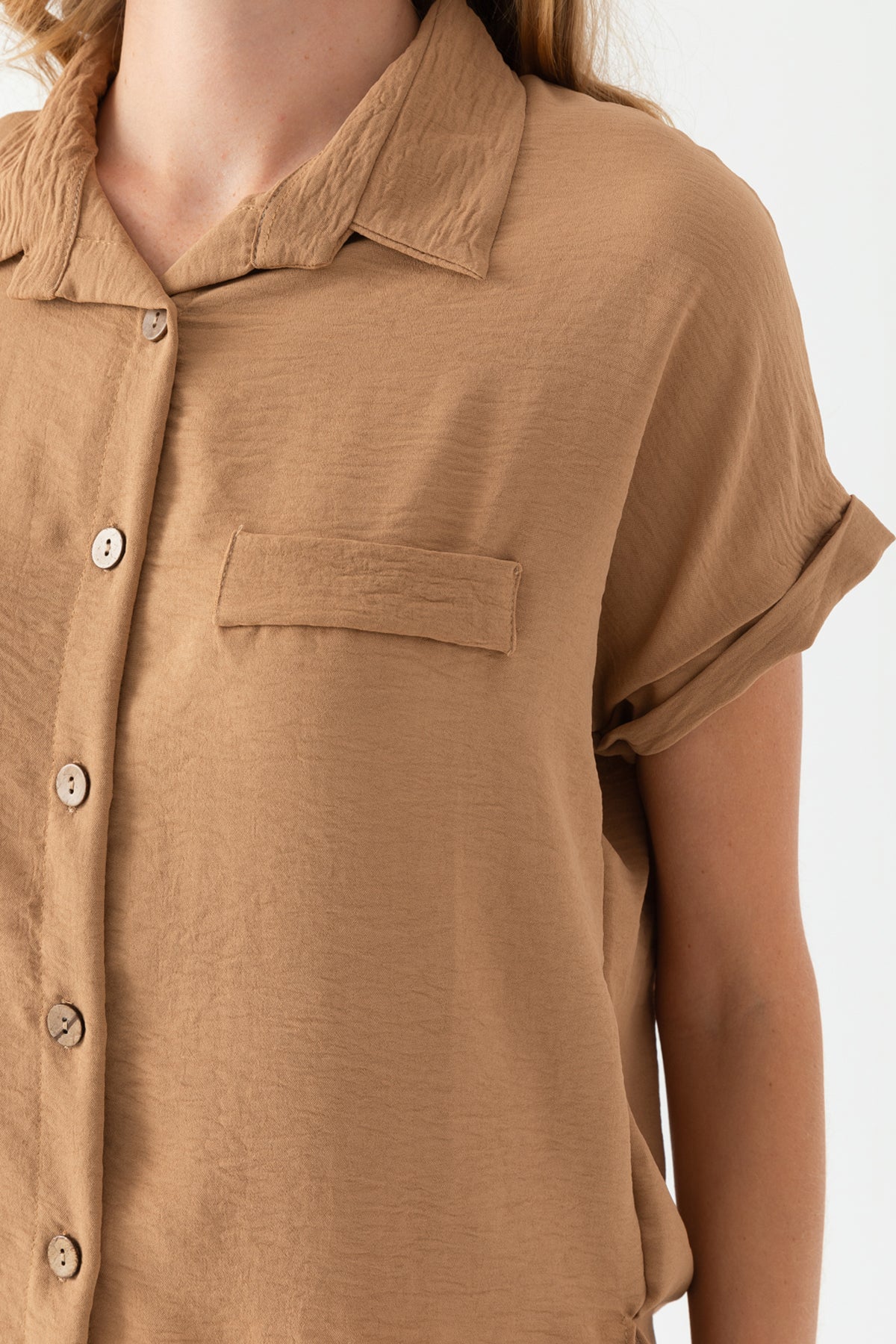 Kadın Açık Kahve Duble Kol  Aerobin Kısa Kollu Gömlek