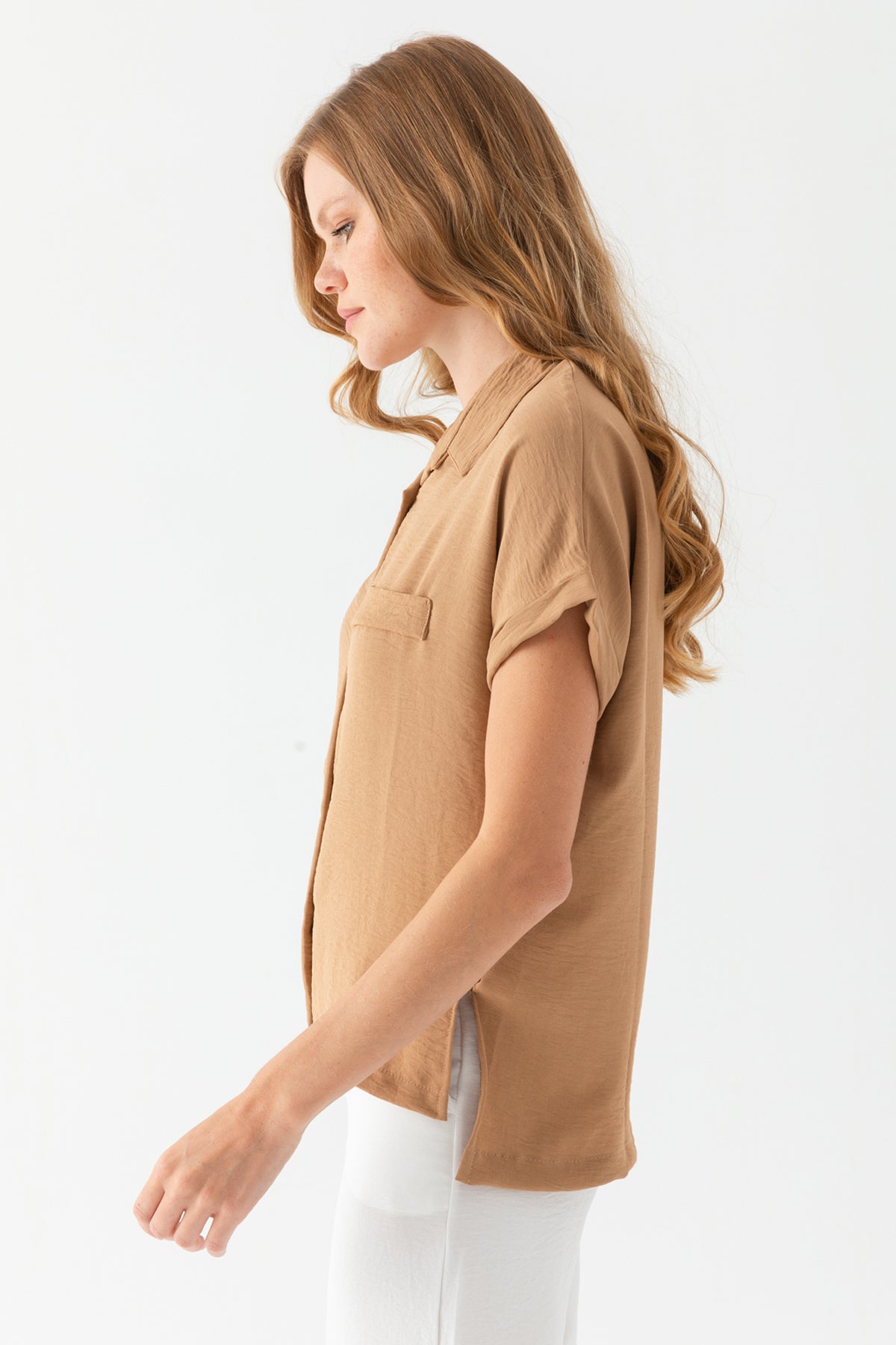 Kadın Açık Kahve Duble Kol  Aerobin Kısa Kollu Gömlek