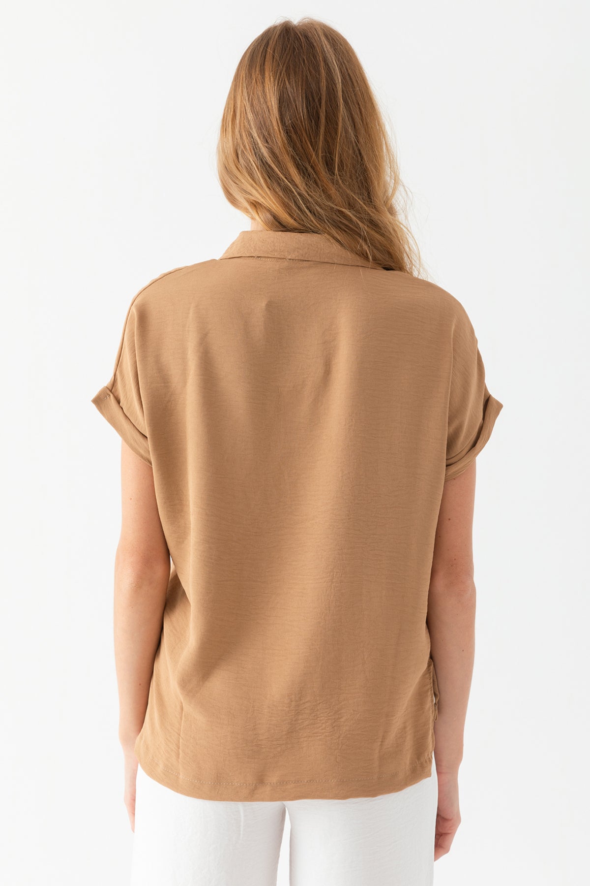 Kadın Açık Kahve Duble Kol  Aerobin Kısa Kollu Gömlek