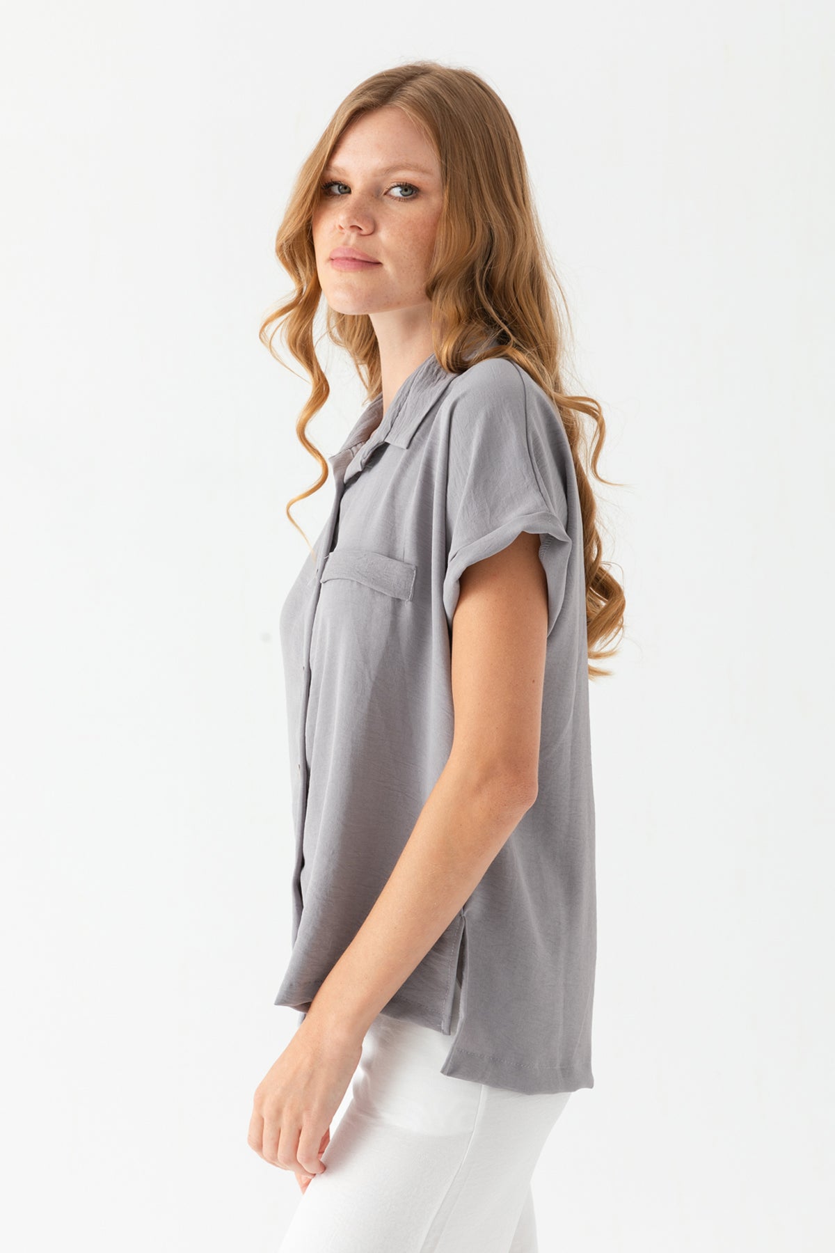 Kadın Gri Duble Kol  Aerobin Kısa Kollu Gömlek