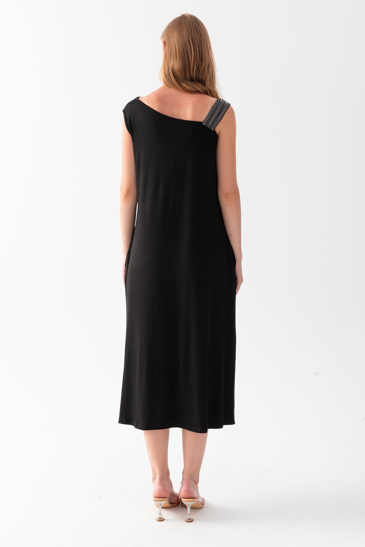 Kadın Siyah Tek Omzu Askılı Yanları Yırtmaçlı Cepli Kısa Kollu Viskon Penye Elbise