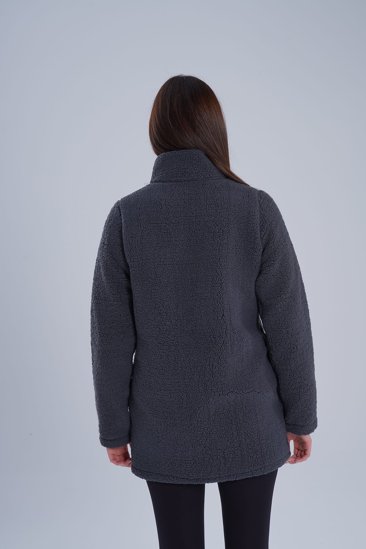 Kadın Füme Dik Yaka Fermuarlı Polar Ceket