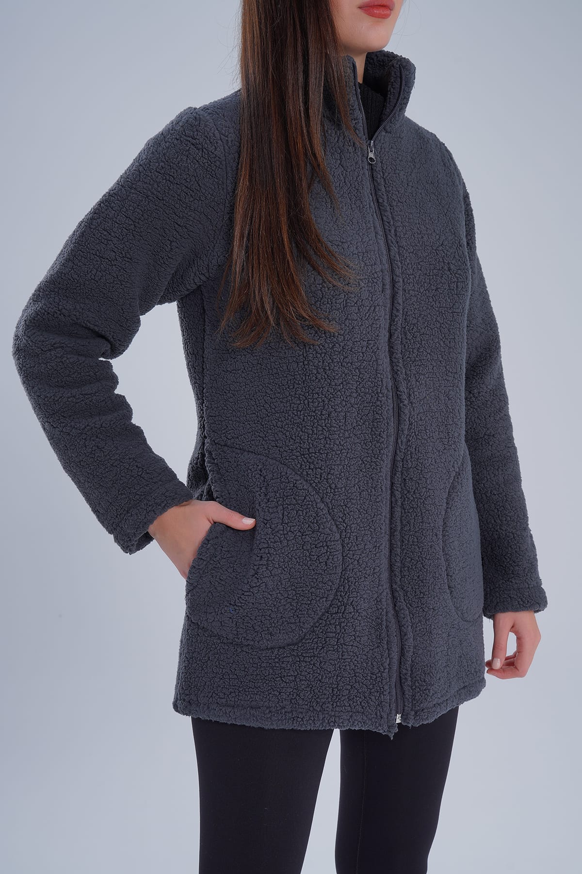 Kadın Füme Dik Yaka Fermuarlı Polar Ceket