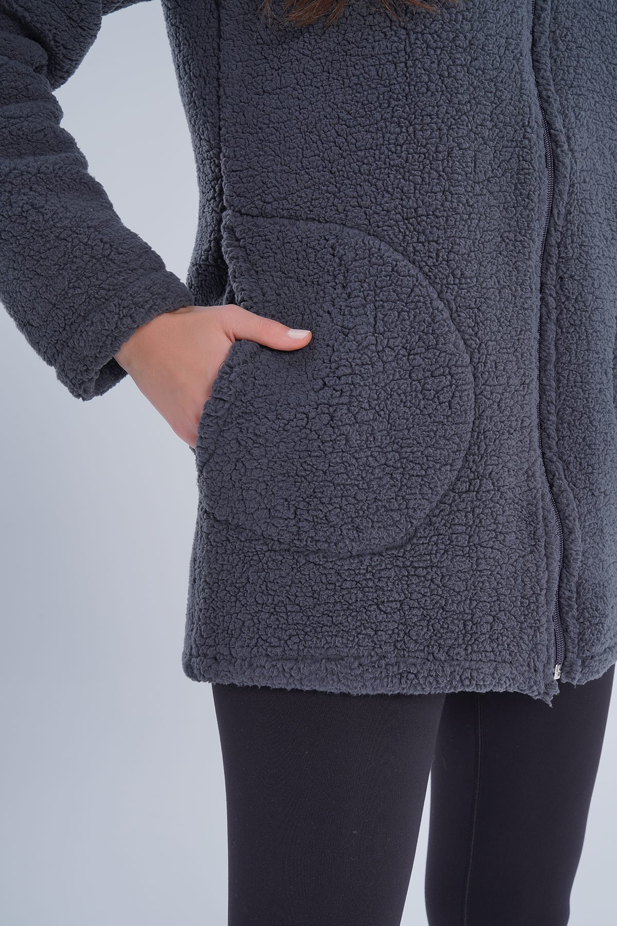 Kadın Füme Dik Yaka Fermuarlı Polar Ceket